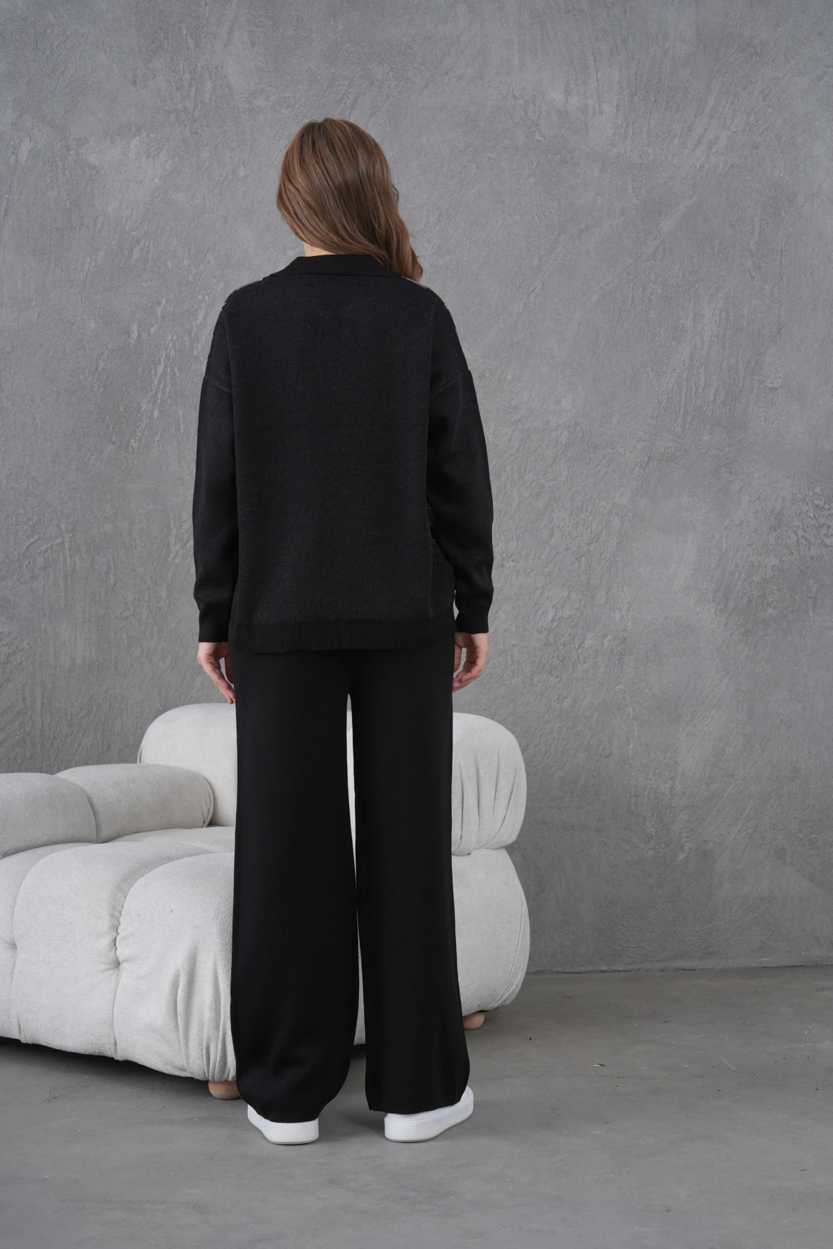 Kadın Polo Yak Abaklava Desen Kazak Pantolon İkili Takım