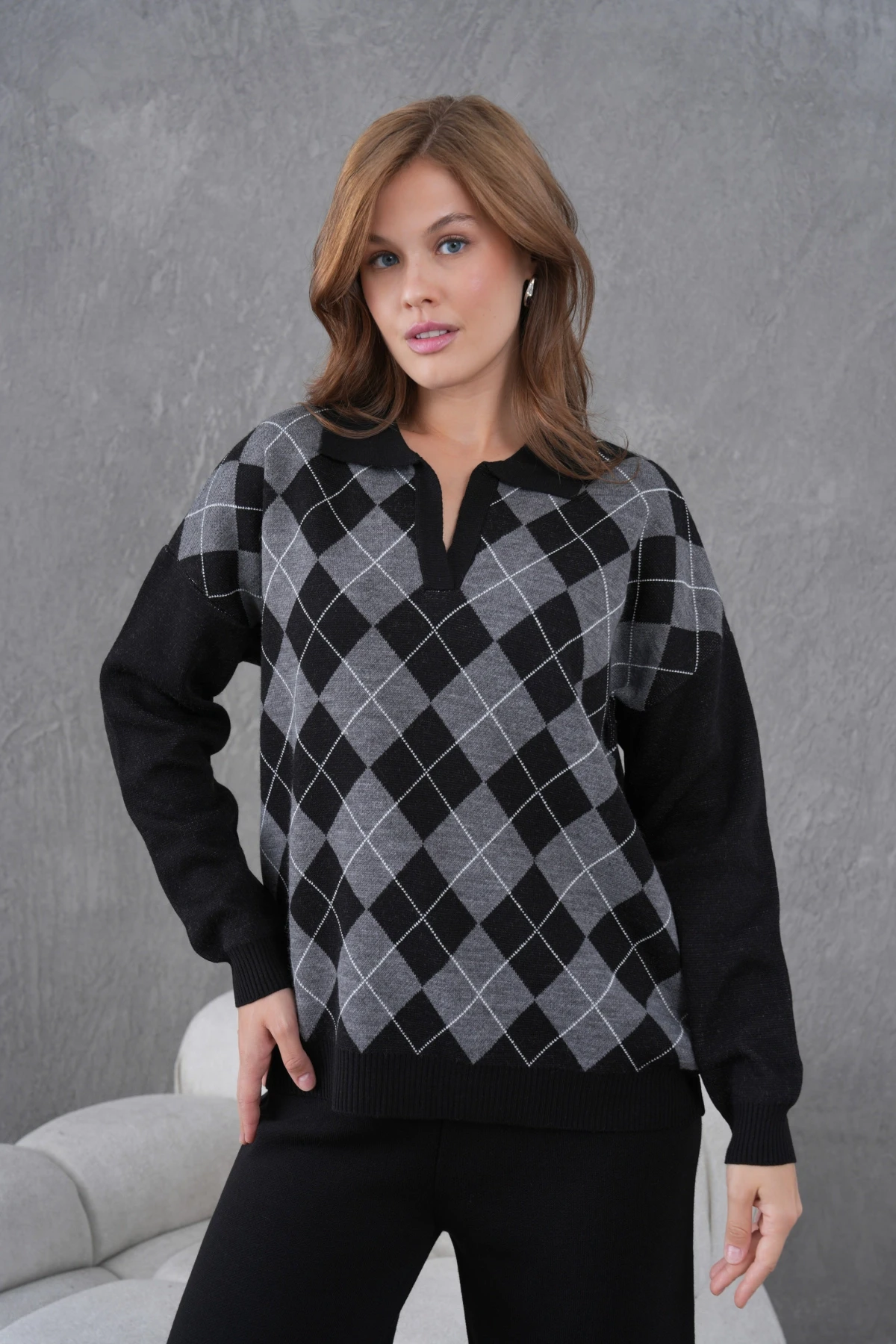 Kadın Polo Yak Abaklava Desen Kazak Pantolon İkili Takım