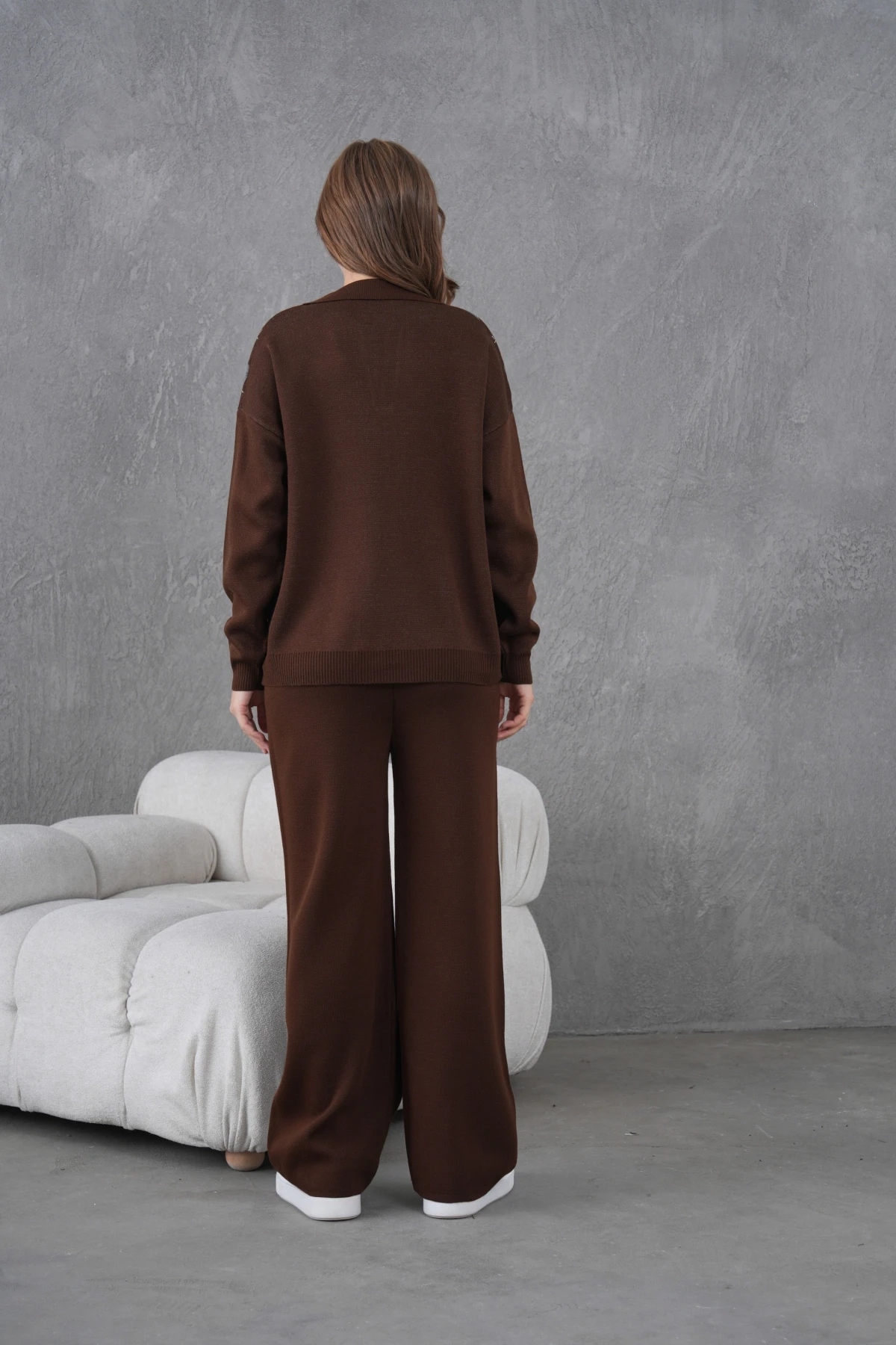 Kadın Polo Yak Abaklava Desen Kazak Pantolon İkili Takım