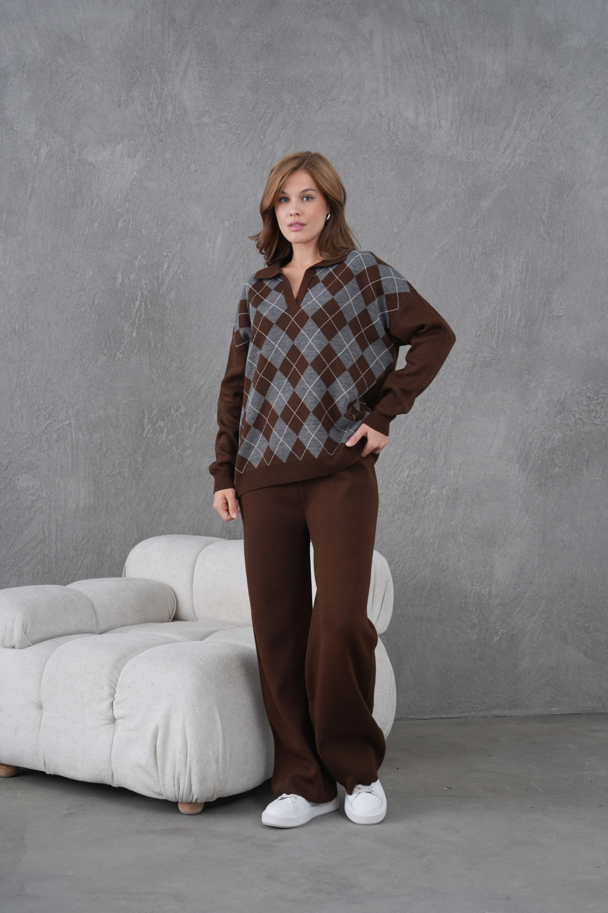 Kadın Polo Yak Abaklava Desen Kazak Pantolon İkili Takım