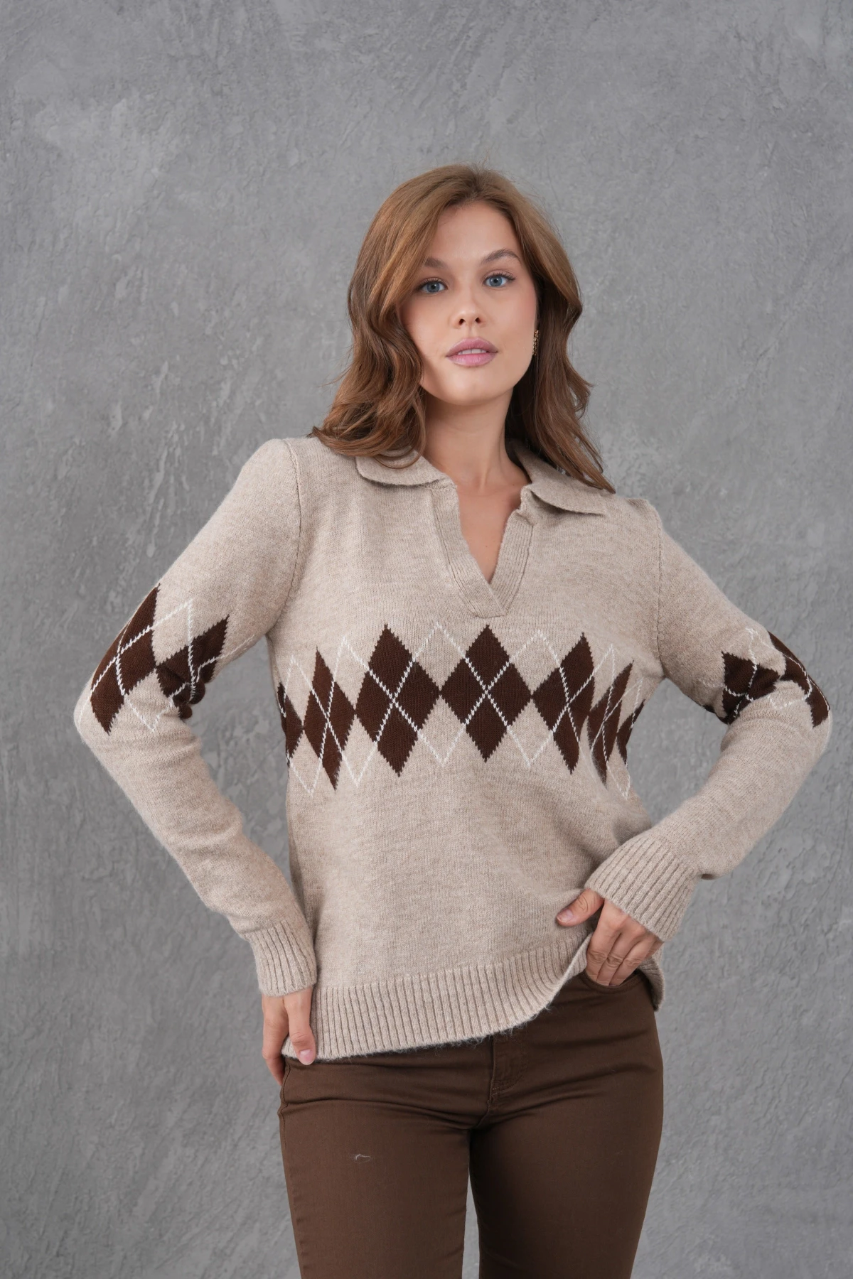 Kadın Polo Yaka Desenli Yarım Pat Triko Kazak 8597Sw