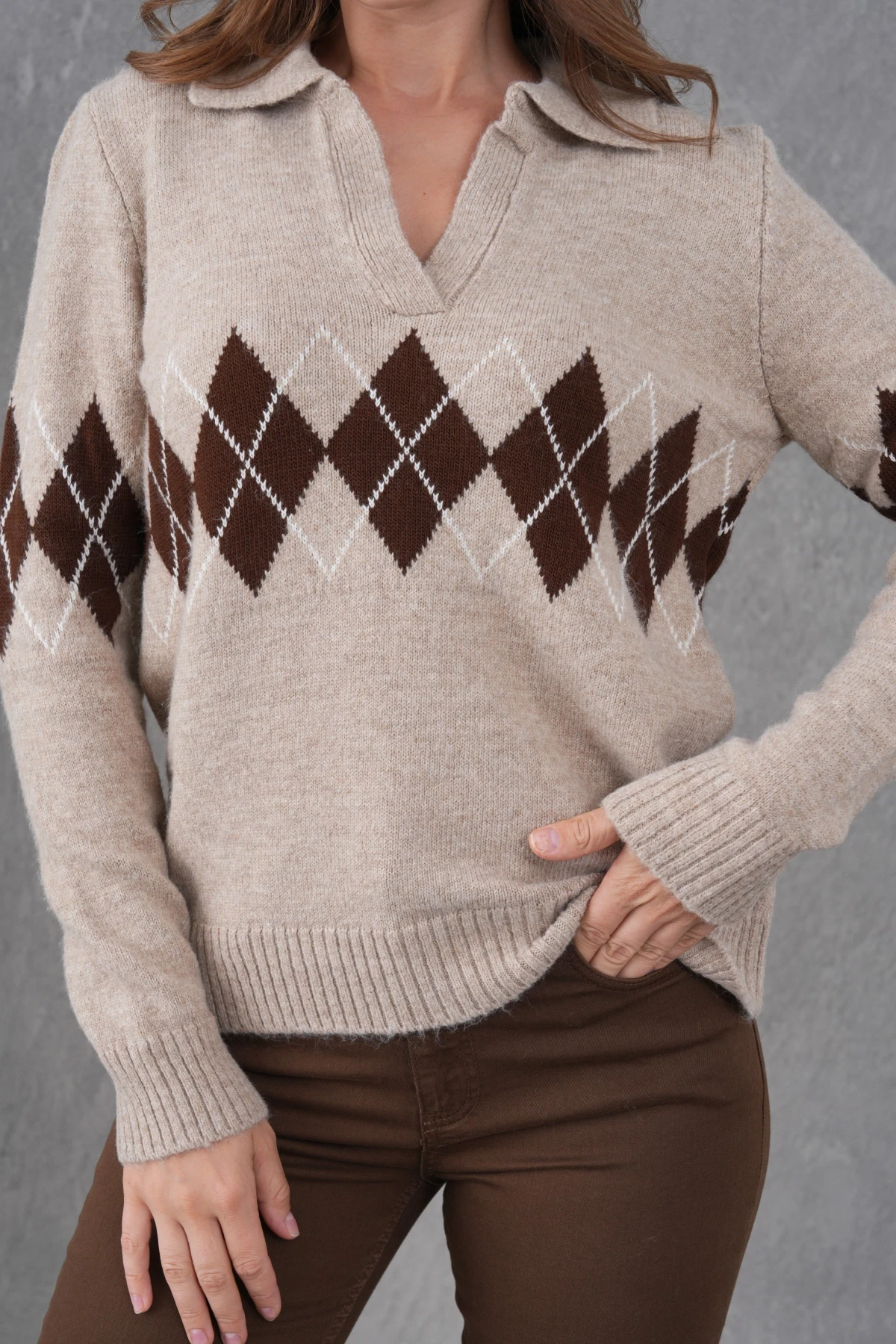 Kadın Polo Yaka Desenli Yarım Pat Triko Kazak 8597Sw