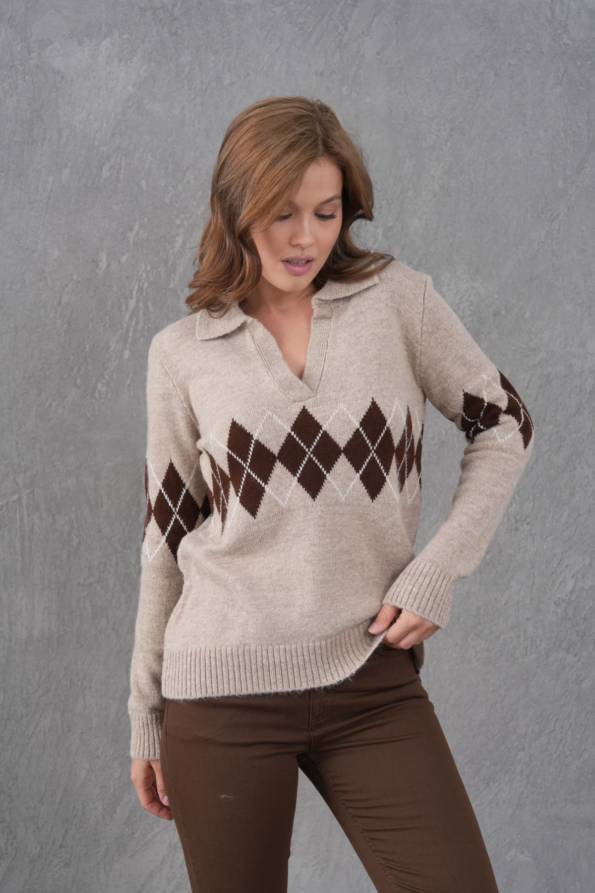 Kadın Polo Yaka Desenli Yarım Pat Triko Kazak 8597Sw