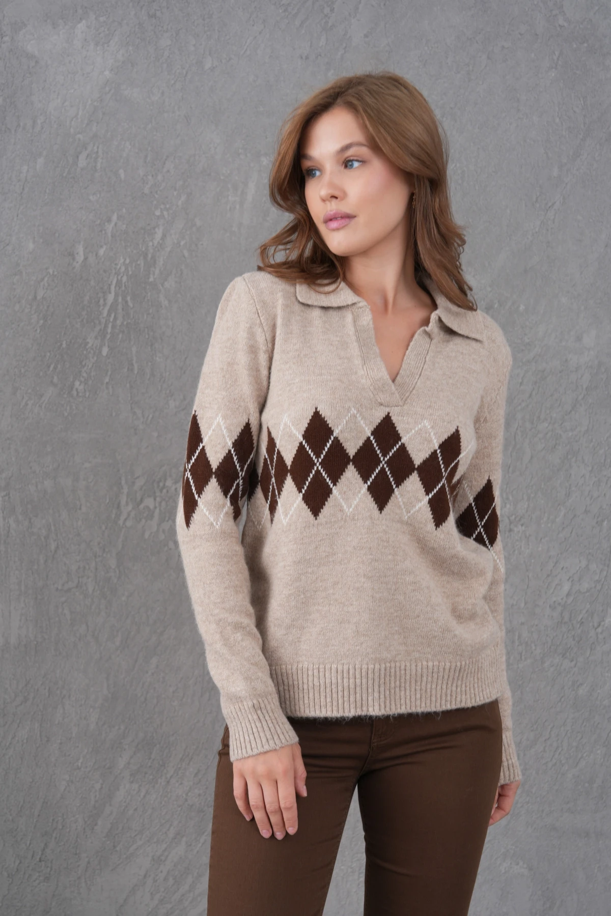 Kadın Polo Yaka Desenli Yarım Pat Triko Kazak 8597Sw