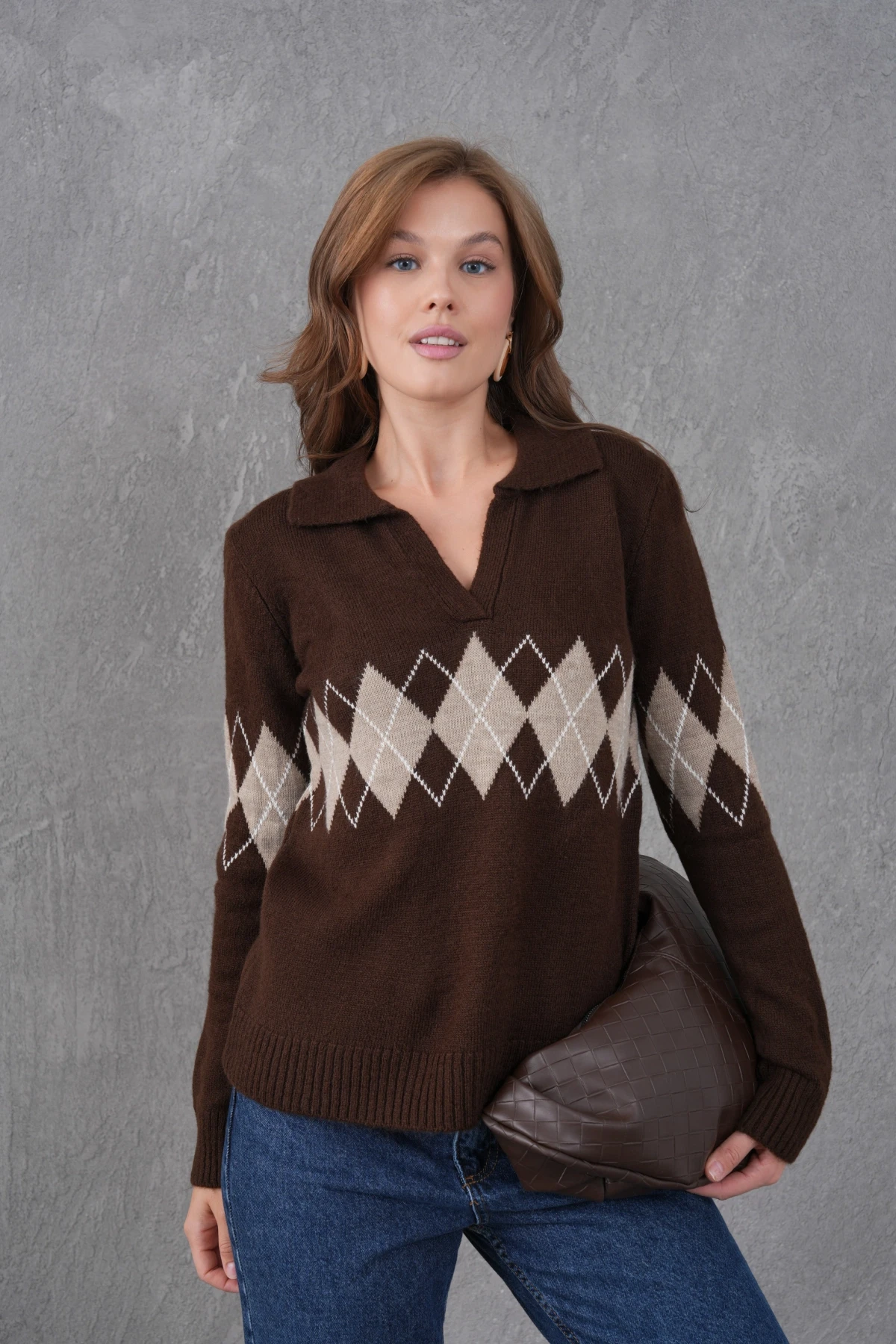 Kadın Polo Yaka Desenli Yarım Pat Triko Kazak 8597Sw