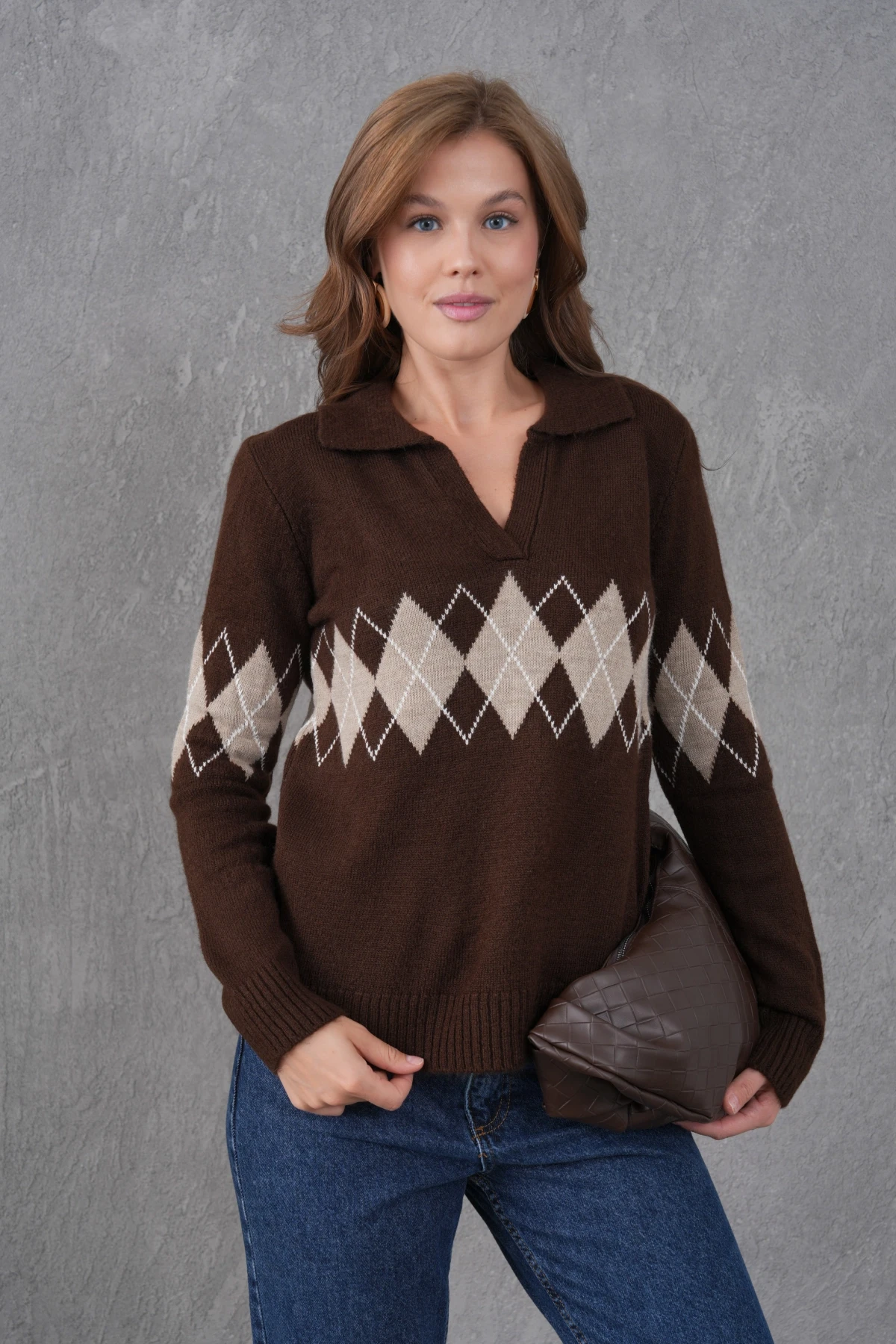 Kadın Polo Yaka Desenli Yarım Pat Triko Kazak 8597Sw