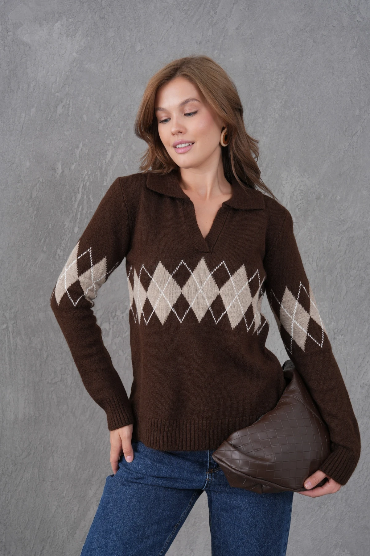 Kadın Polo Yaka Desenli Yarım Pat Triko Kazak 8597Sw