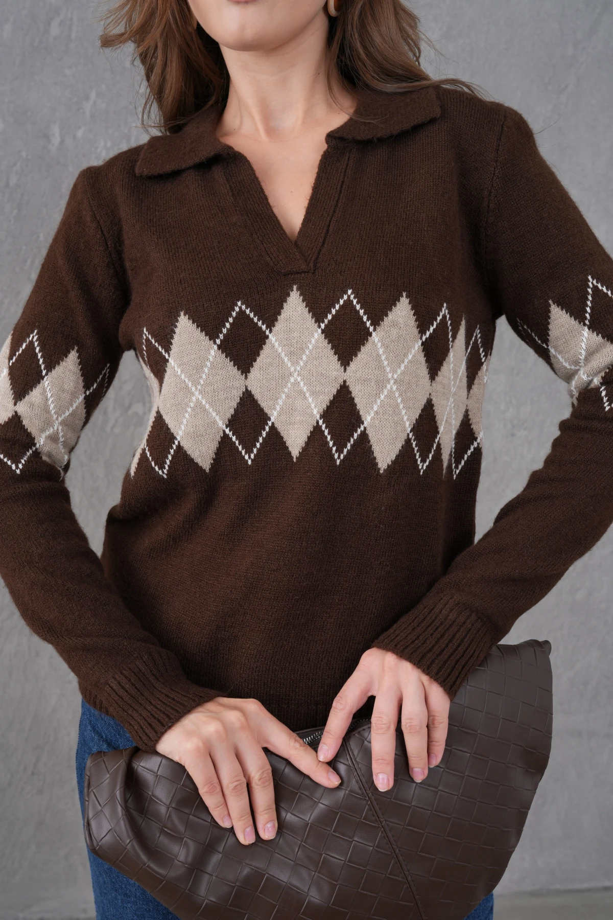 Kadın Polo Yaka Desenli Yarım Pat Triko Kazak 8597Sw