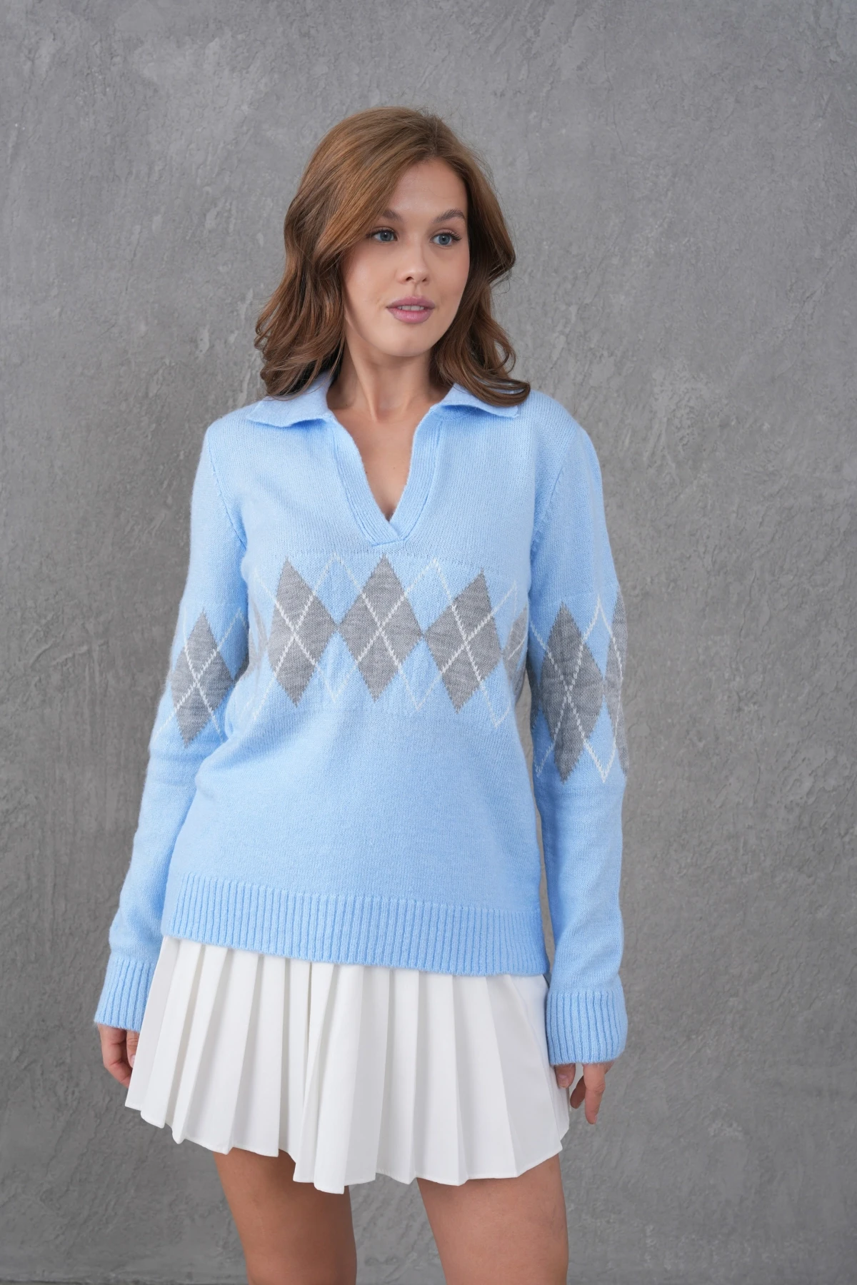 Kadın Polo Yaka Desenli Yarım Pat Triko Kazak 8597Sw