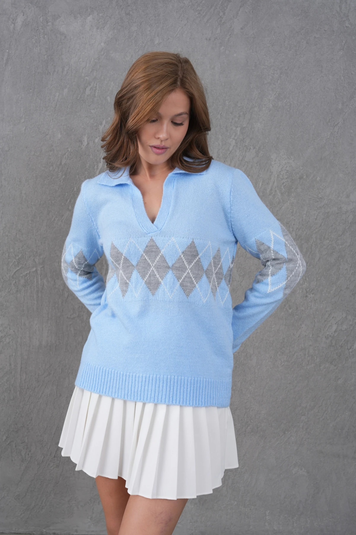 Kadın Polo Yaka Desenli Yarım Pat Triko Kazak 8597Sw