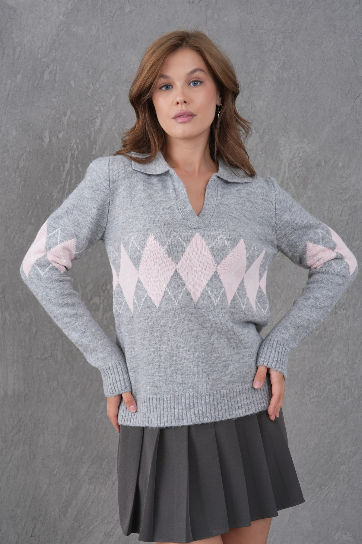 Kadın Polo Yaka Desenli Yarım Pat Triko Kazak 8597Sw