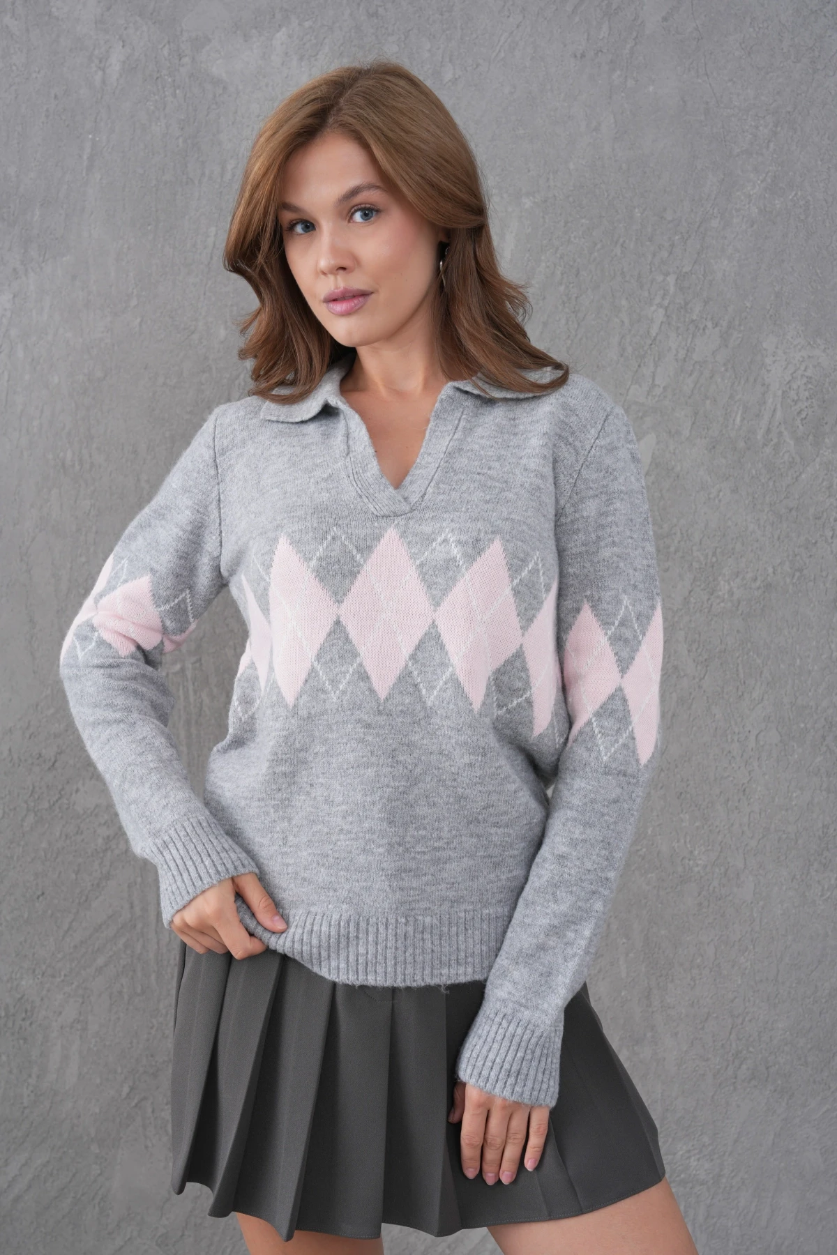 Kadın Polo Yaka Desenli Yarım Pat Triko Kazak 8597Sw