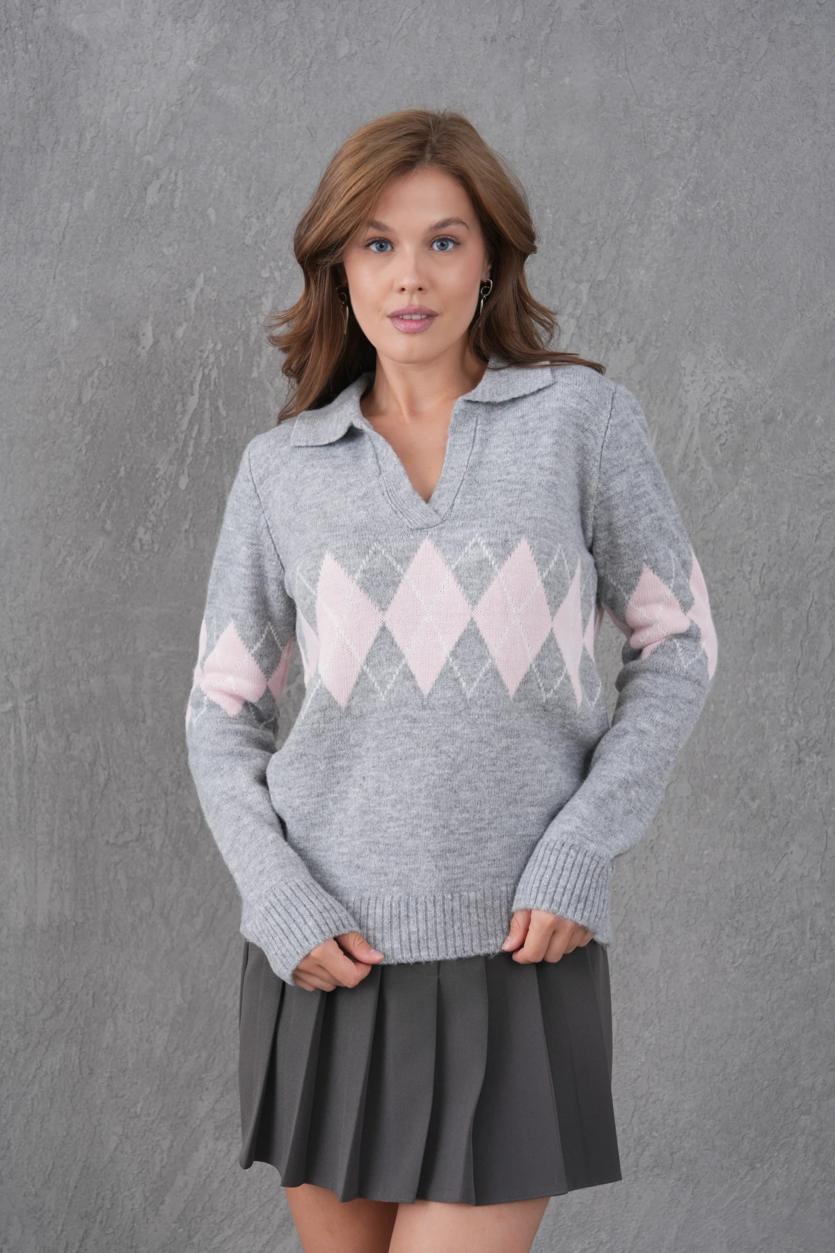 Kadın Polo Yaka Desenli Yarım Pat Triko Kazak 8597Sw