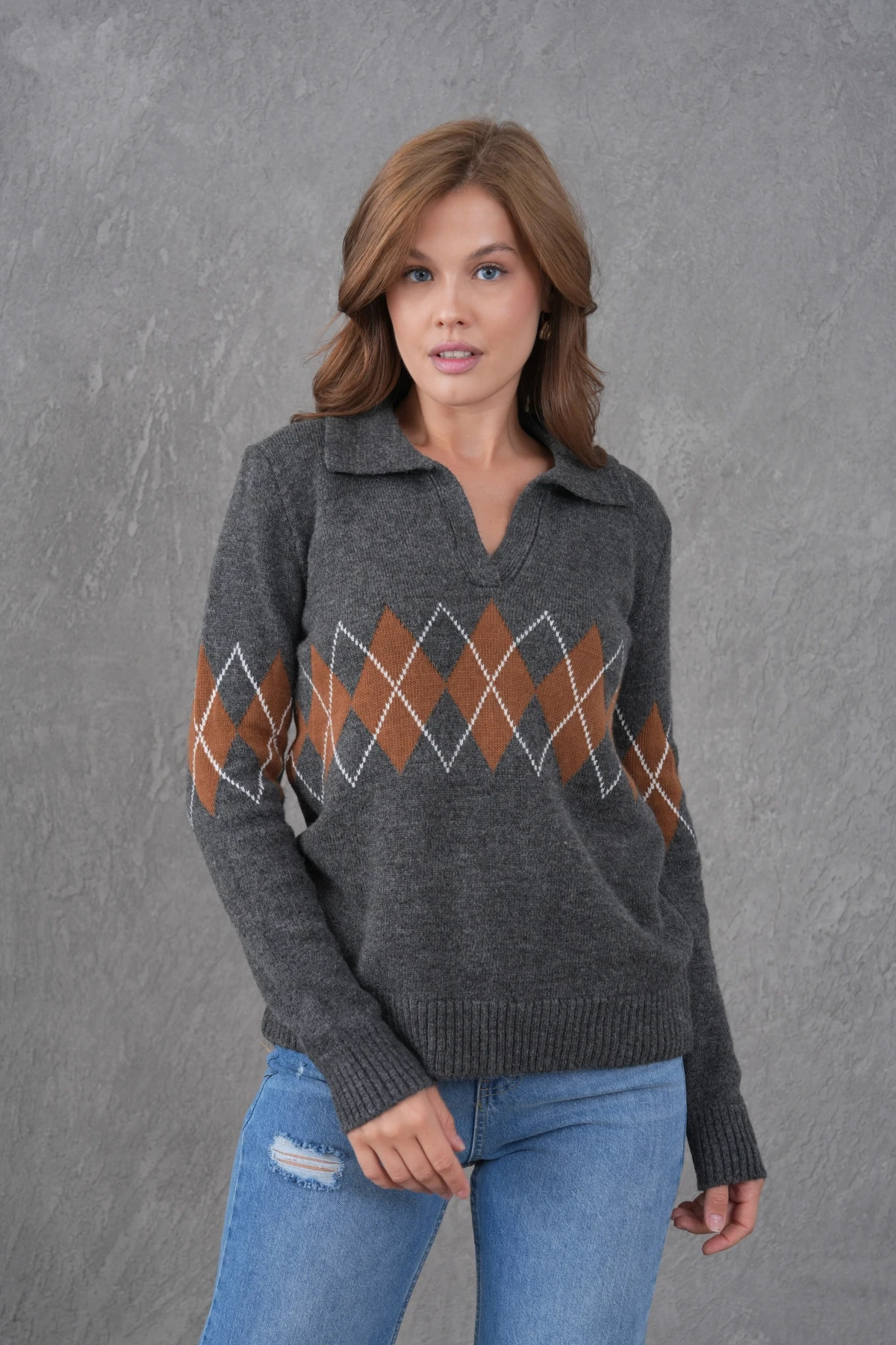 Kadın Polo Yaka Desenli Yarım Pat Triko Kazak 8597Sw