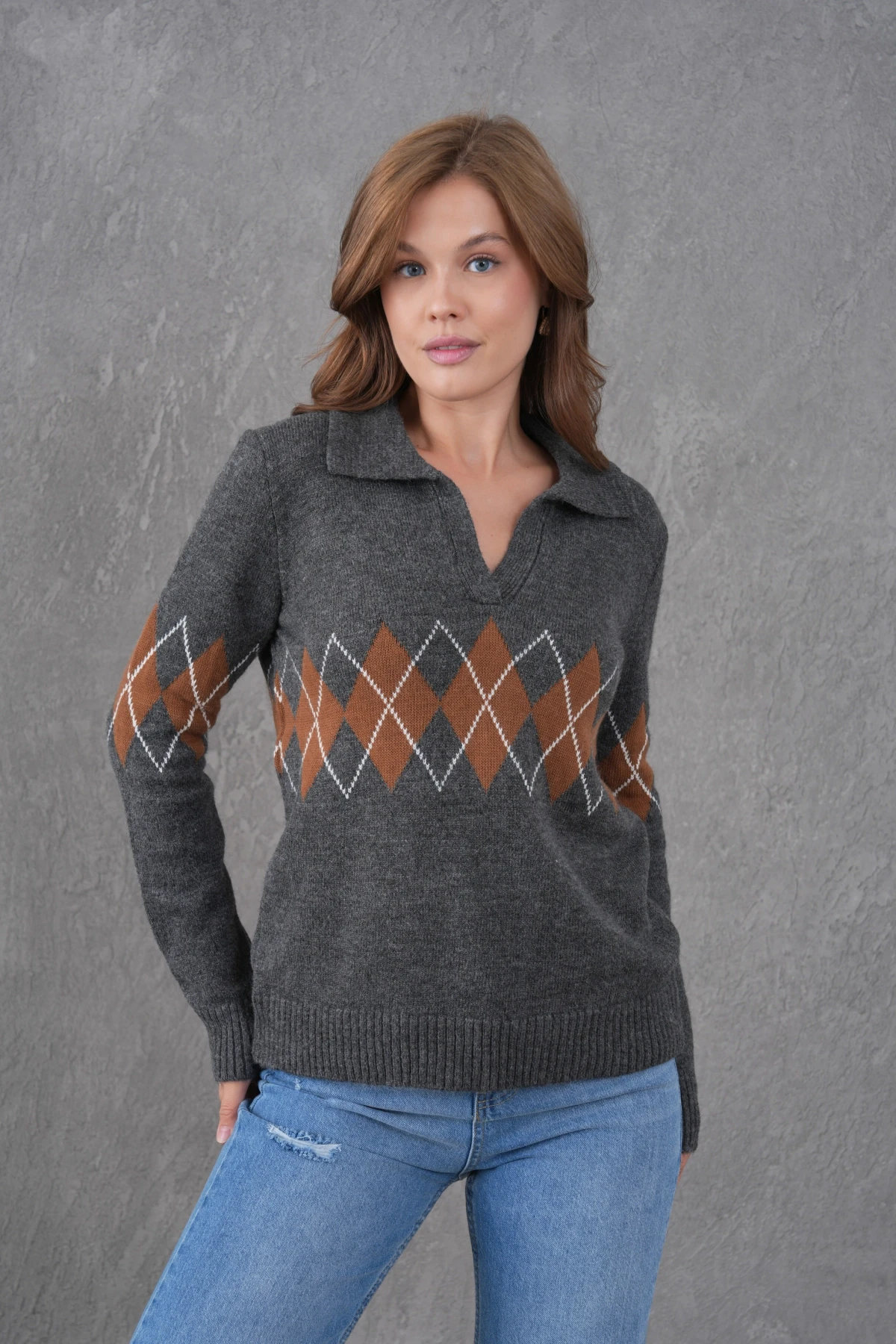 Kadın Polo Yaka Desenli Yarım Pat Triko Kazak 8597Sw