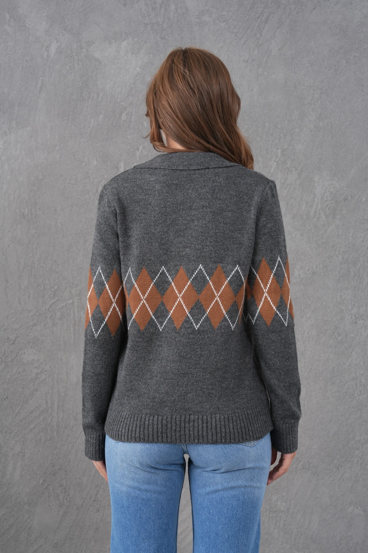 Kadın Polo Yaka Desenli Yarım Pat Triko Kazak 8597Sw