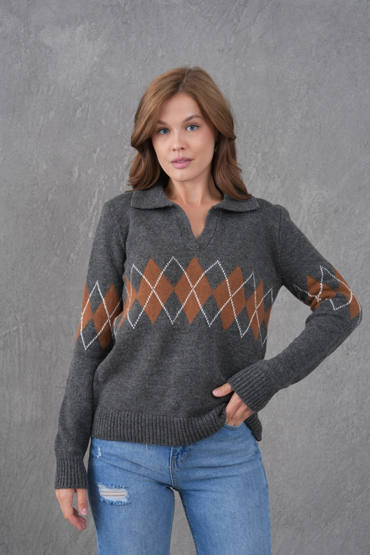 Kadın Polo Yaka Desenli Yarım Pat Triko Kazak 8597Sw