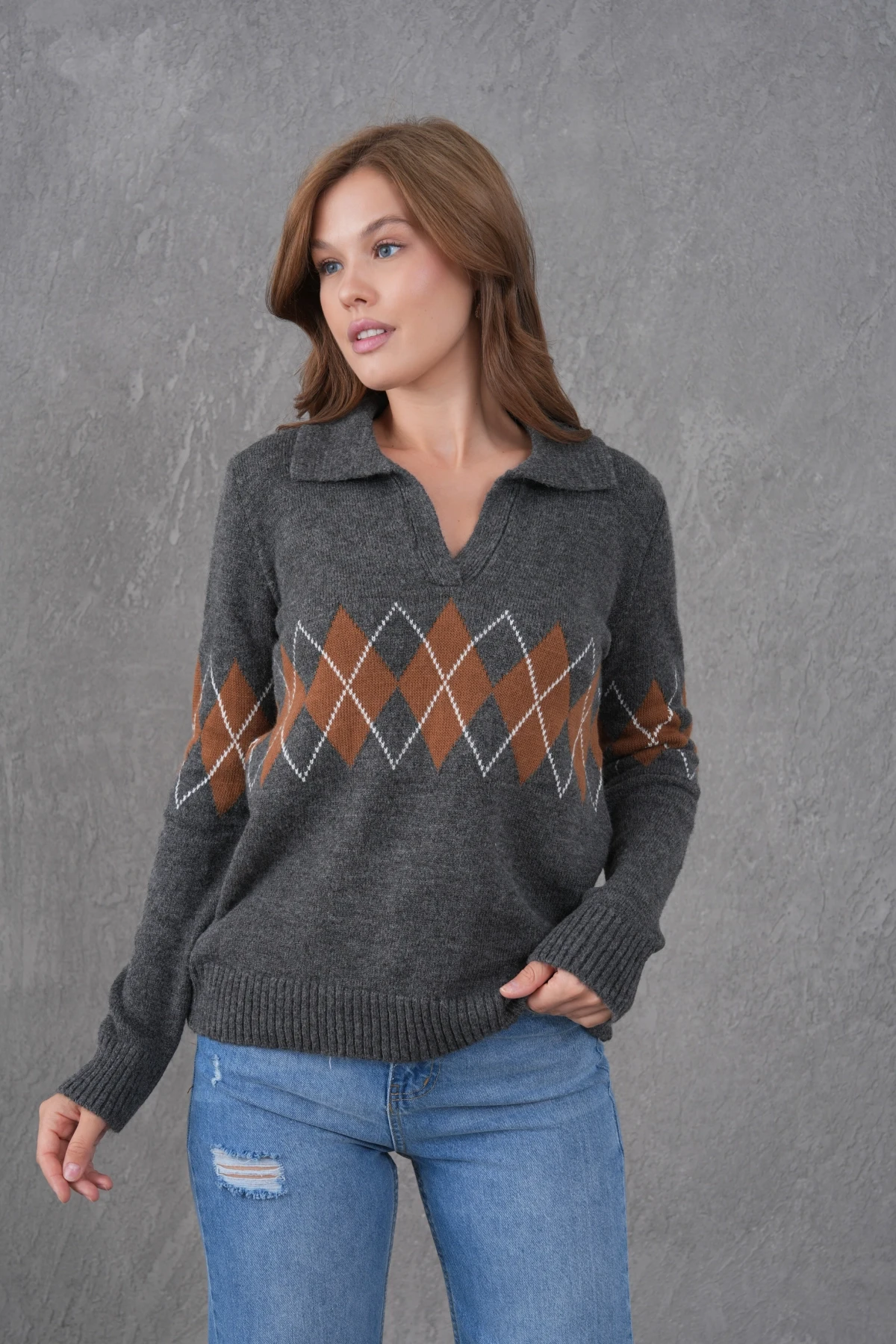 Kadın Polo Yaka Desenli Yarım Pat Triko Kazak 8597Sw