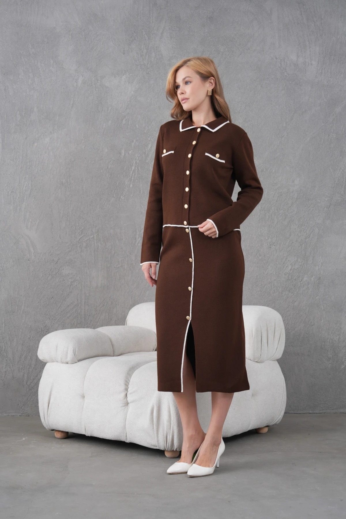 Kadın Polo Yaka Düğme Detay Ceket Uzun Etek İkili Triko Takım