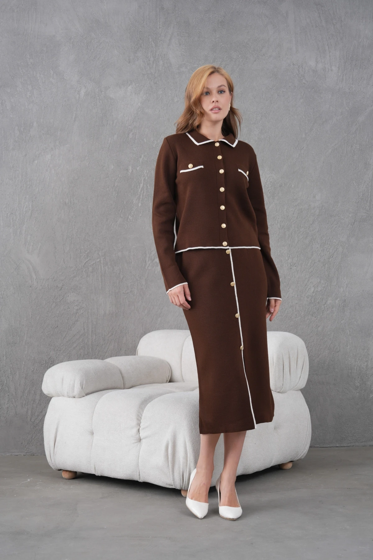 Kadın Polo Yaka Düğme Detay Ceket Uzun Etek İkili Triko Takım