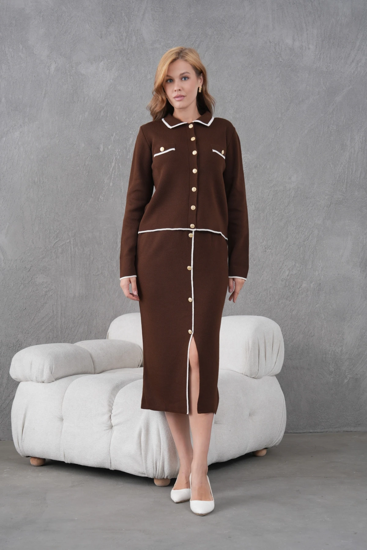 Kadın Polo Yaka Düğme Detay Ceket Uzun Etek İkili Triko Takım