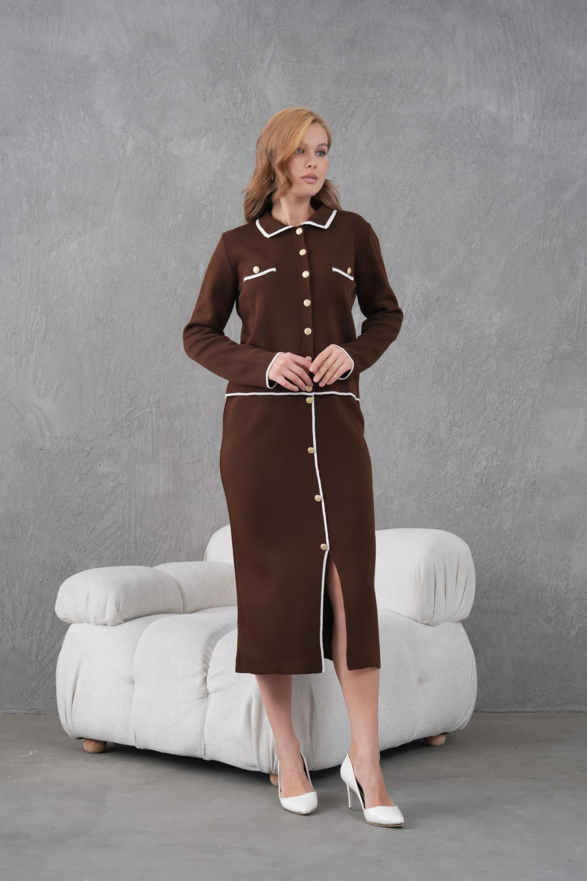 Kadın Polo Yaka Düğme Detay Ceket Uzun Etek İkili Triko Takım