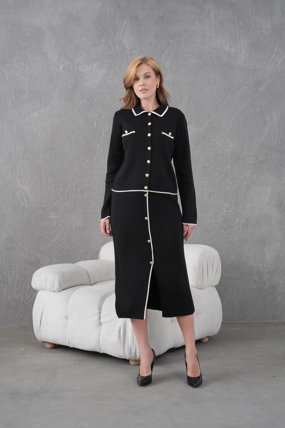 Kadın Polo Yaka Düğme Detay Ceket Uzun Etek İkili Triko Takım