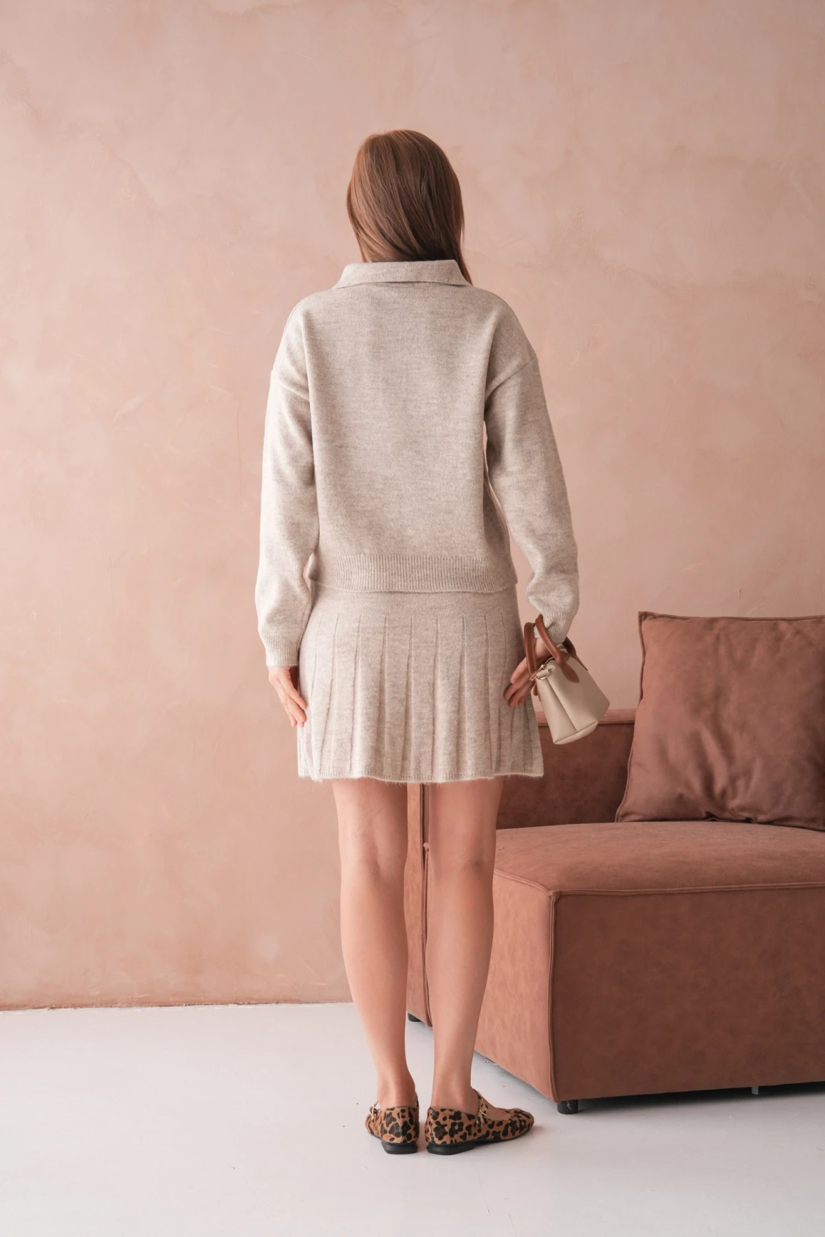 Kadın Polo Yaka Düğme Detay Kazak Etek İkili Triko Takım