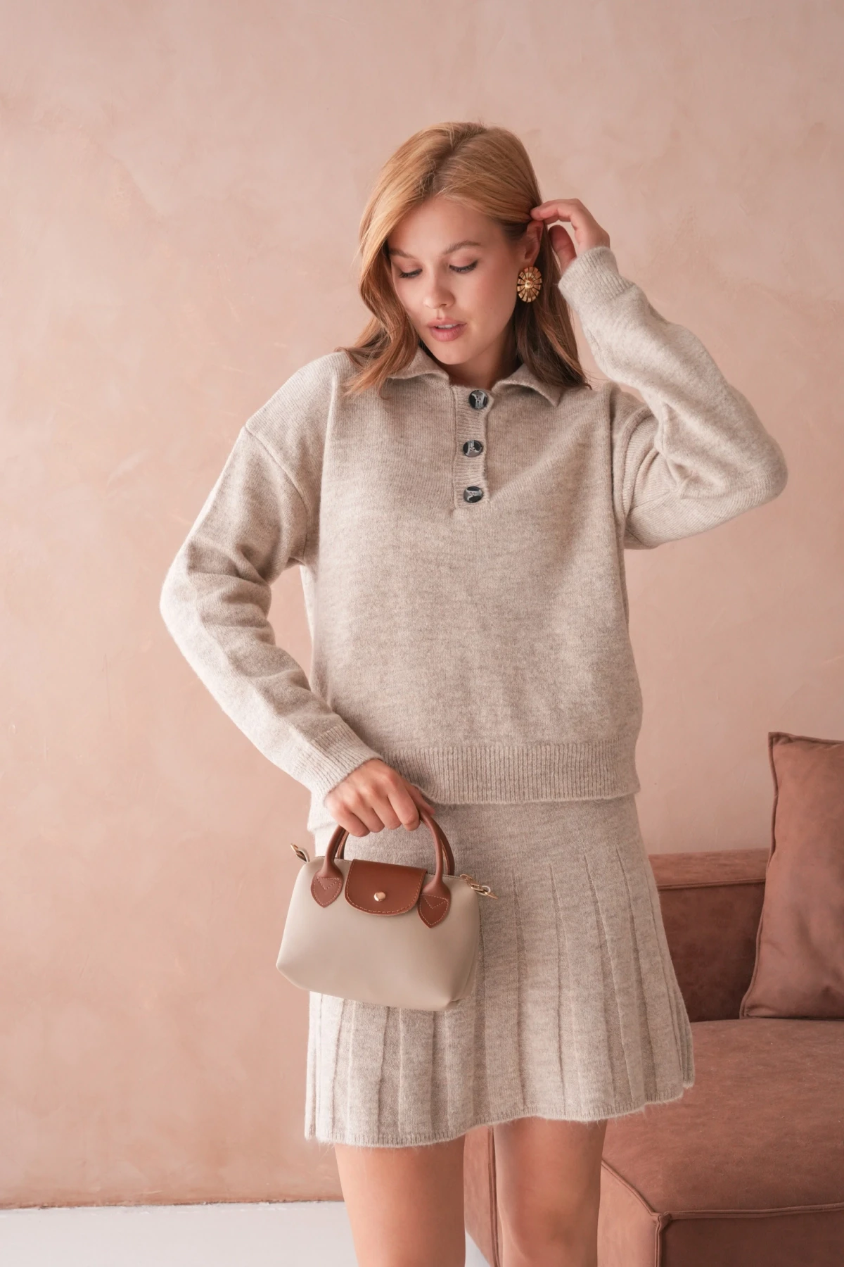 Kadın Polo Yaka Düğme Detay Kazak Etek İkili Triko Takım