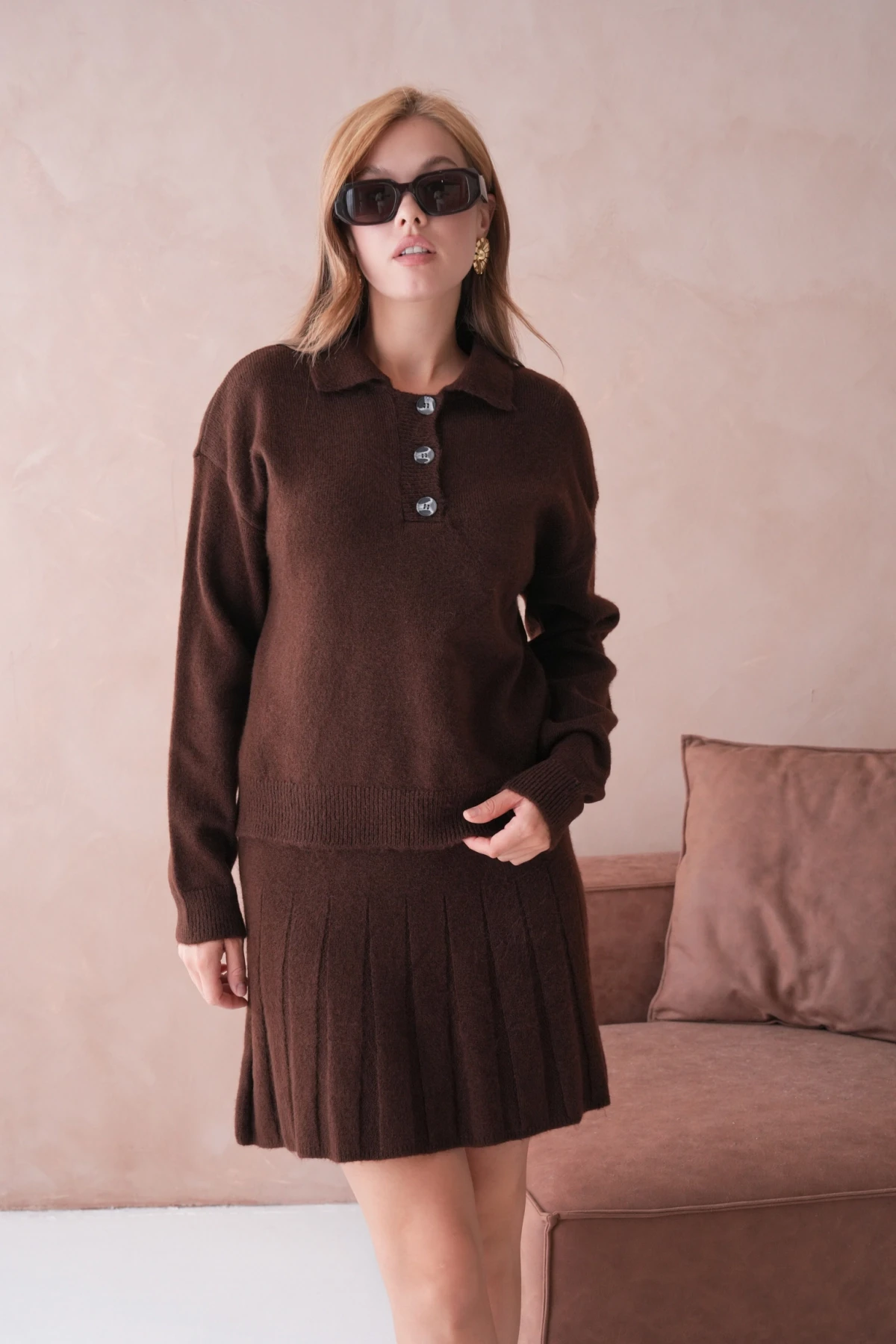 Kadın Polo Yaka Düğme Detay Kazak Etek İkili Triko Takım