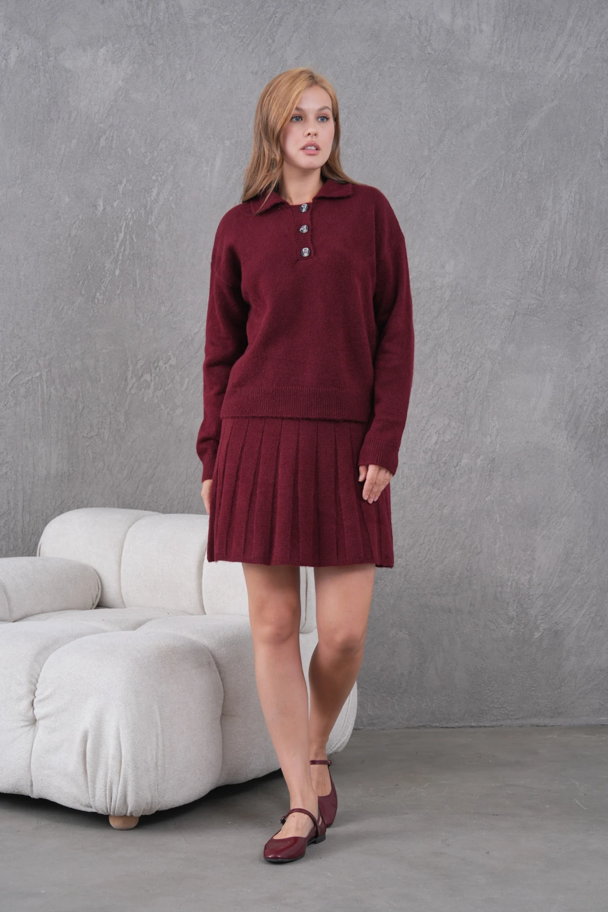 Kadın Polo Yaka Düğme Detay Kazak Etek İkili Triko Takım