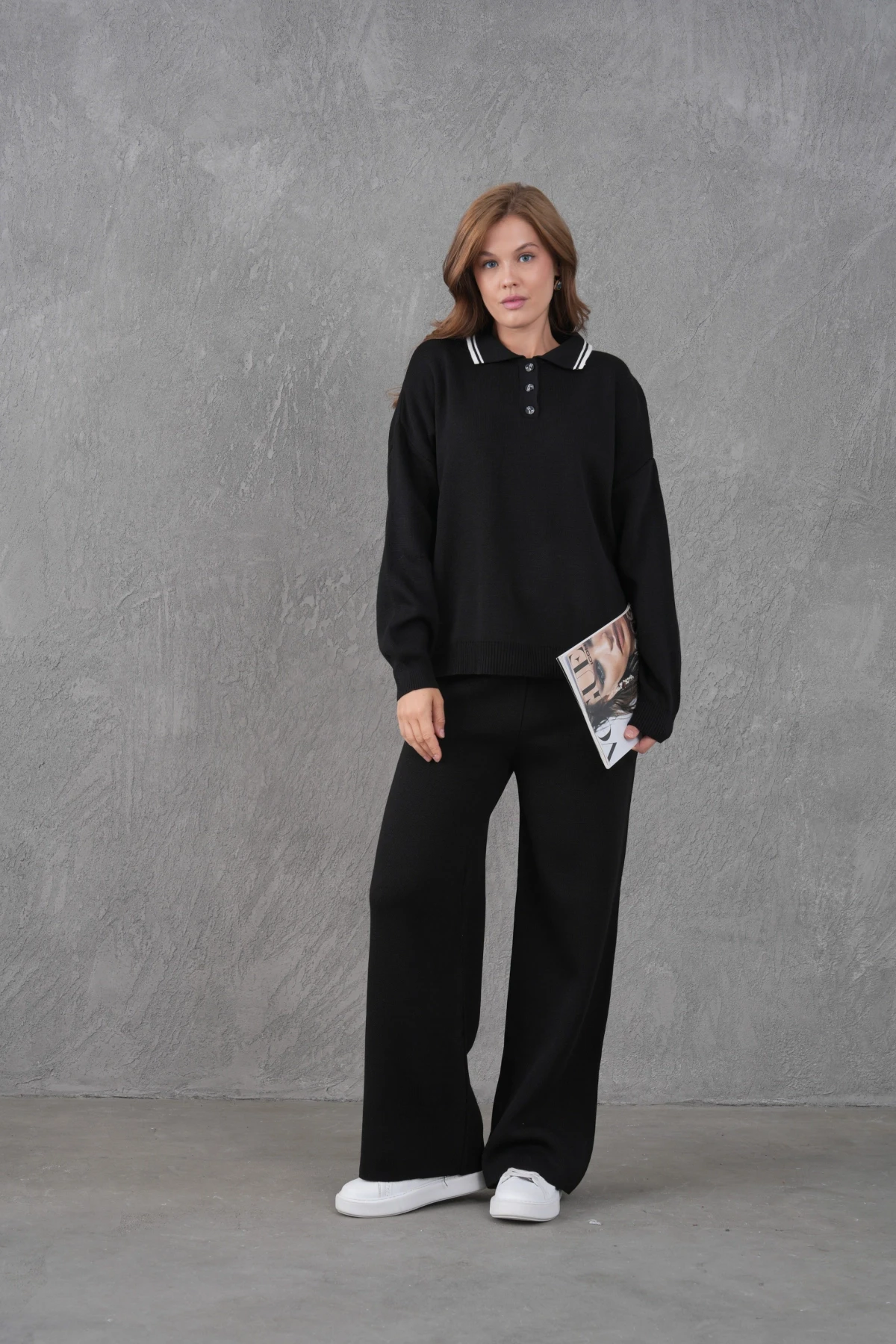 Kadın Polo Yaka Düğme Detay Kazak Pantolon İkili Triko Takım