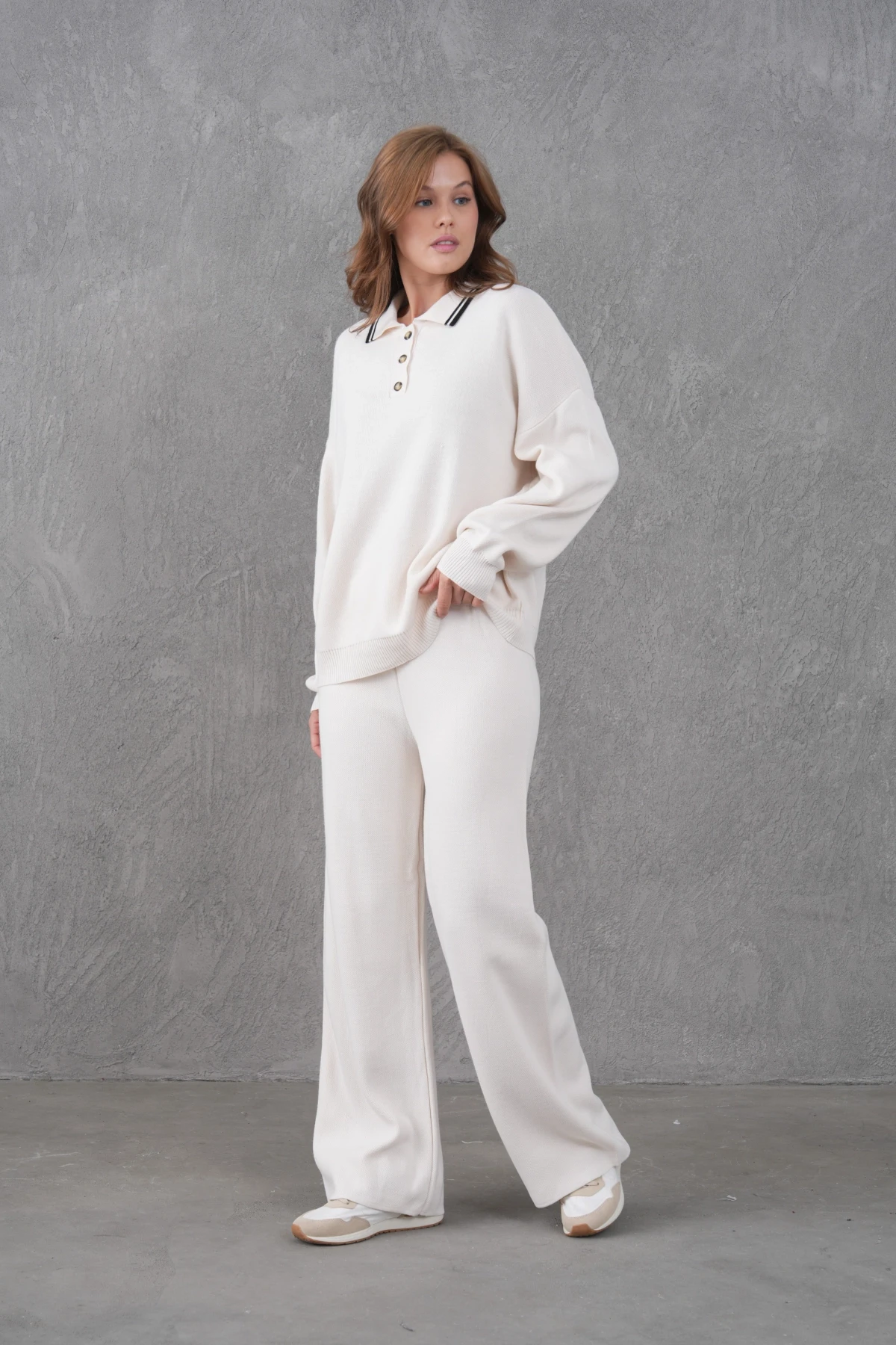 Kadın Polo Yaka Düğme Detay Kazak Pantolon İkili Triko Takım