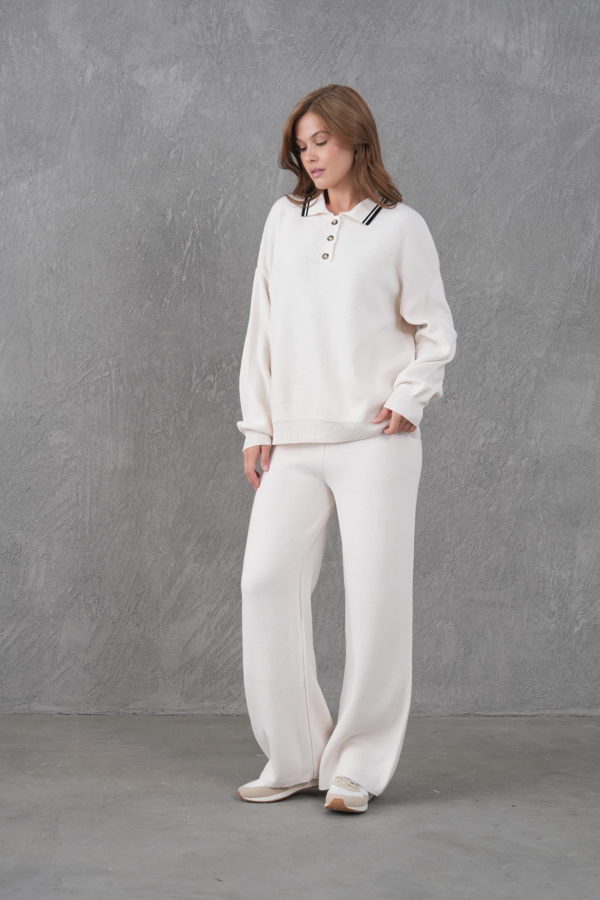 Kadın Polo Yaka Düğme Detay Kazak Pantolon İkili Triko Takım