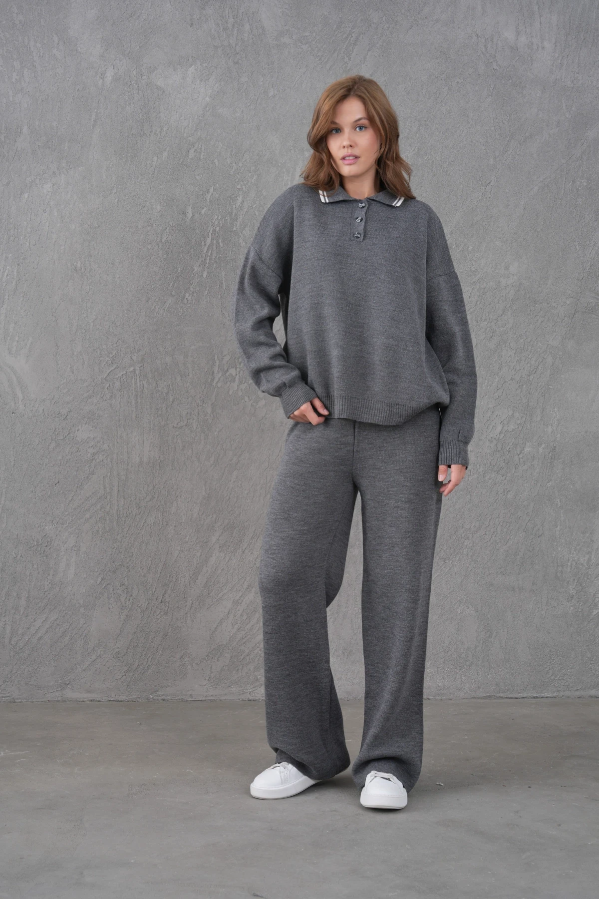 Kadın Polo Yaka Düğme Detay Kazak Pantolon İkili Triko Takım
