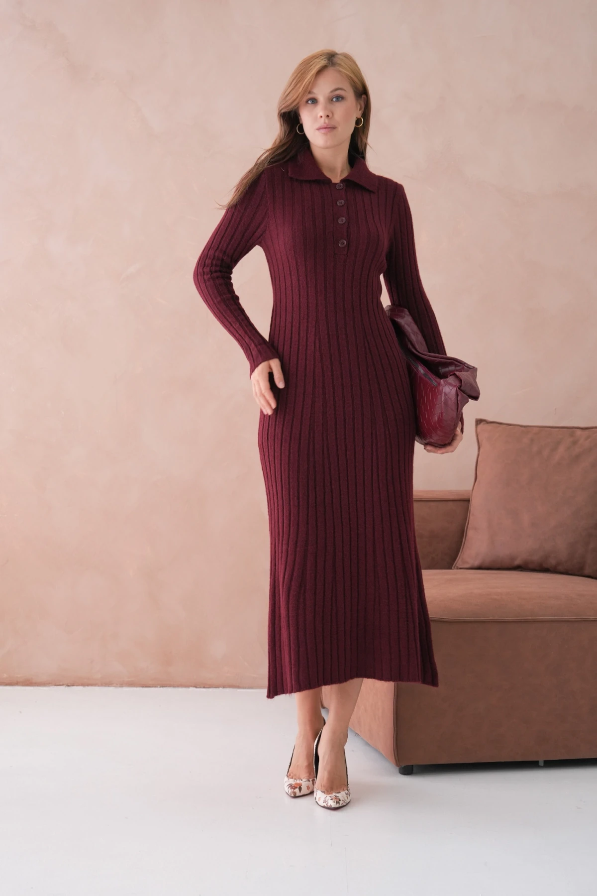 Kadın Polo Yaka Düğme Detay Maxi Boy Yumuşak Dokulu Fitilli Triko Elbise