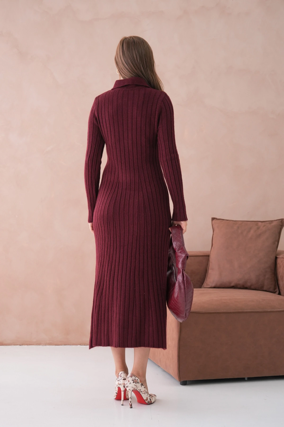 Kadın Polo Yaka Düğme Detay Maxi Boy Yumuşak Dokulu Fitilli Triko Elbise