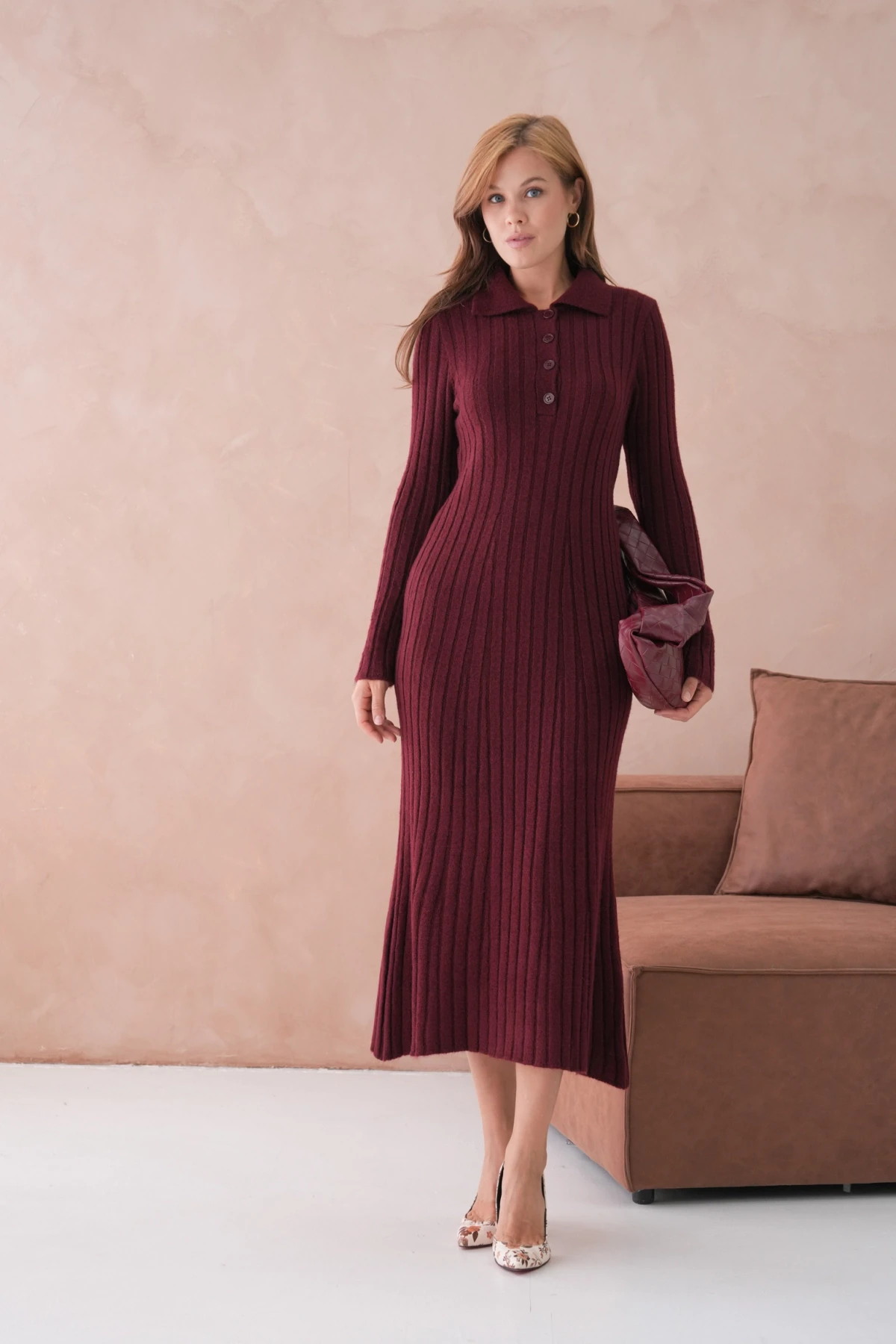 Kadın Polo Yaka Düğme Detay Maxi Boy Yumuşak Dokulu Fitilli Triko Elbise