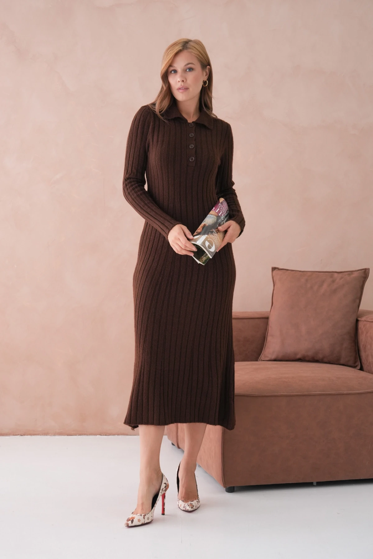 Kadın Polo Yaka Düğme Detay Maxi Boy Yumuşak Dokulu Fitilli Triko Elbise