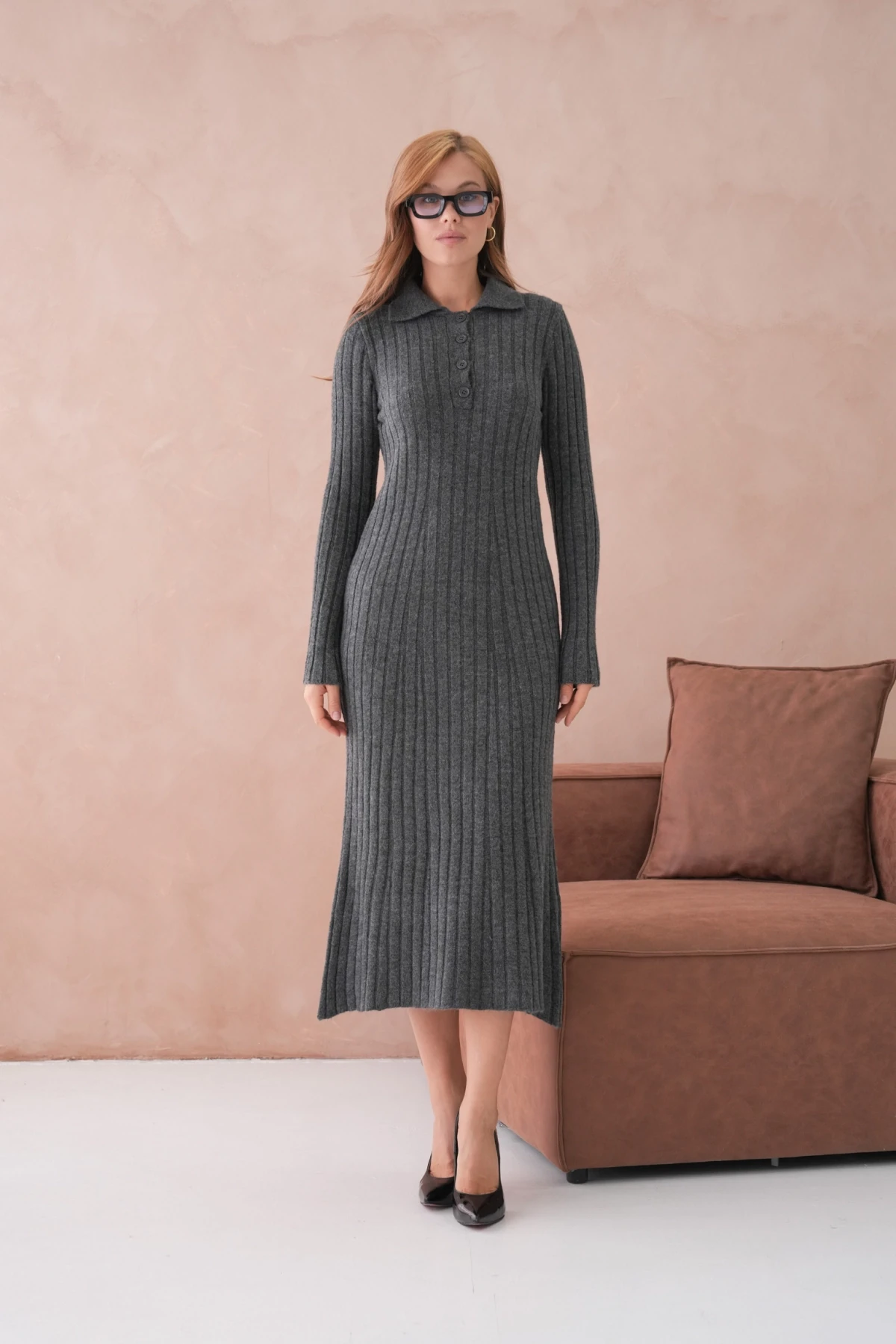 Kadın Polo Yaka Düğme Detay Maxi Boy Yumuşak Dokulu Fitilli Triko Elbise