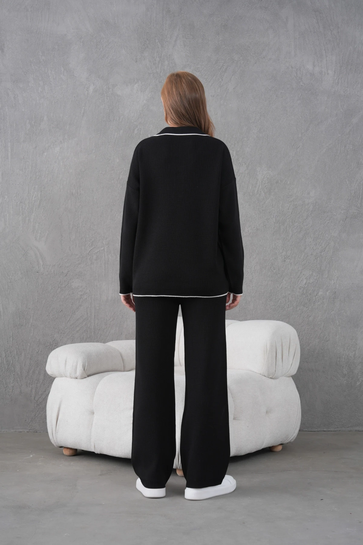 Kadın Polo Yaka Düğme Detay Oversize Kaşkorse Kazak Pantolon İkili Triko Takım