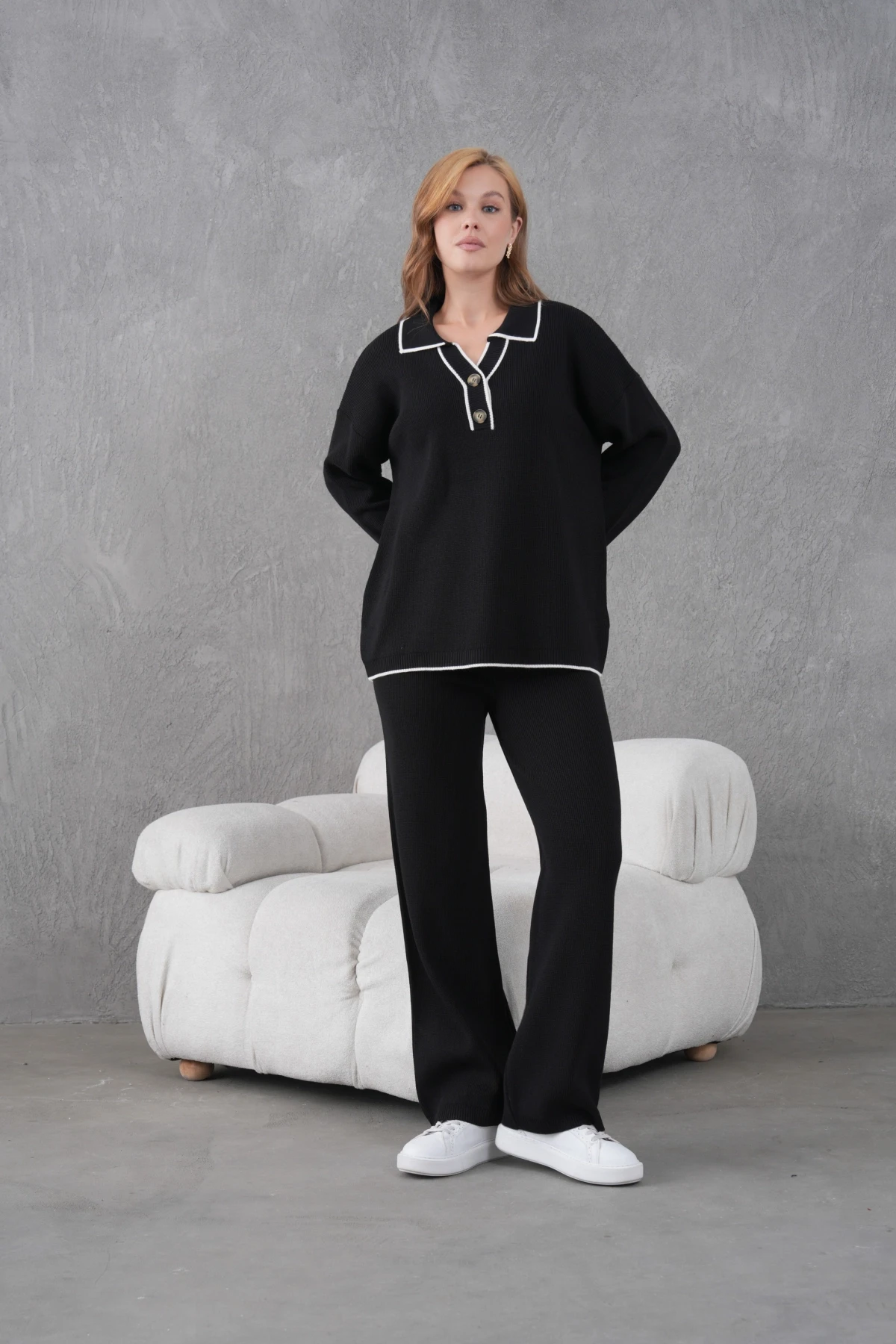 Kadın Polo Yaka Düğme Detay Oversize Kaşkorse Kazak Pantolon İkili Triko Takım