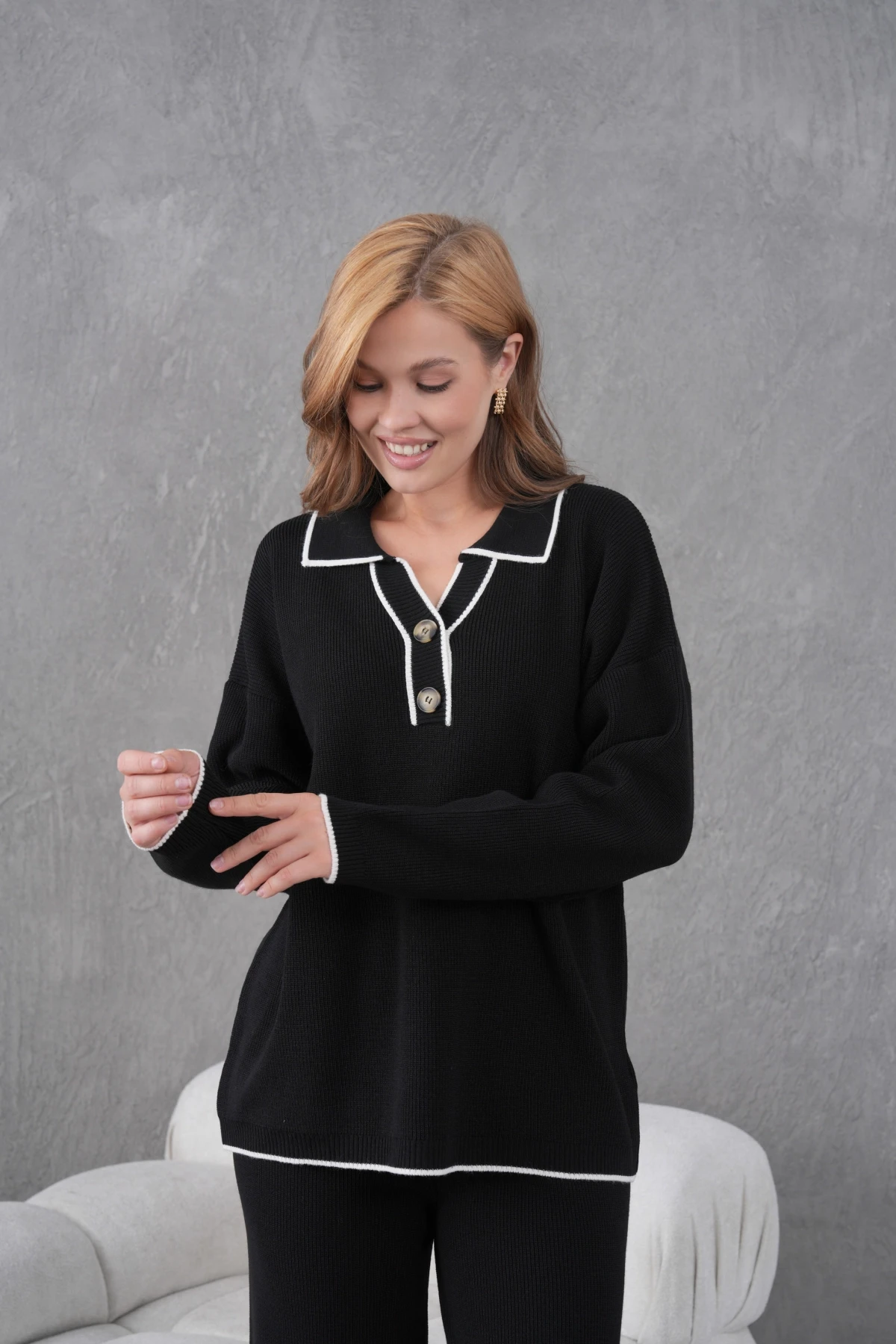 Kadın Polo Yaka Düğme Detay Oversize Kaşkorse Kazak Pantolon İkili Triko Takım