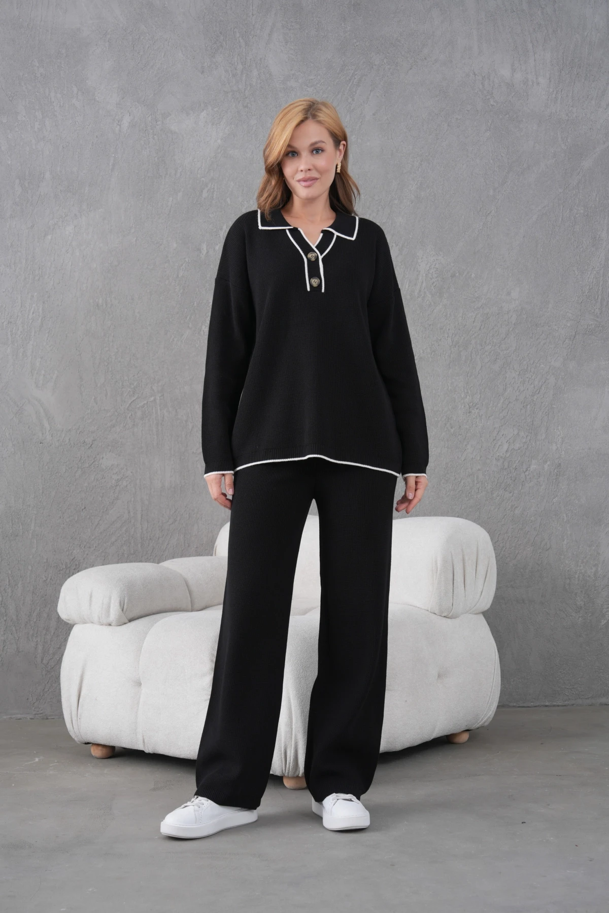 Kadın Polo Yaka Düğme Detay Oversize Kaşkorse Kazak Pantolon İkili Triko Takım