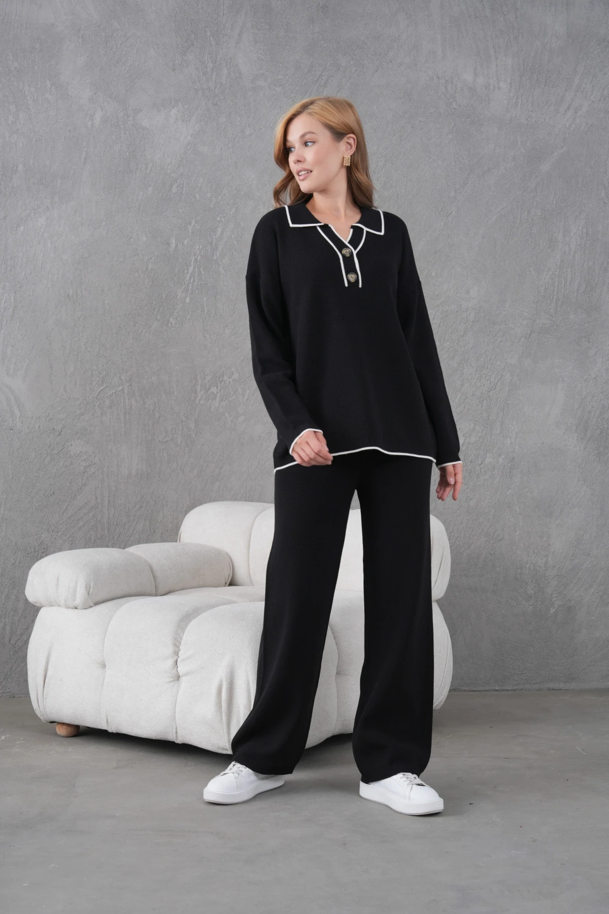 Kadın Polo Yaka Düğme Detay Oversize Kaşkorse Kazak Pantolon İkili Triko Takım