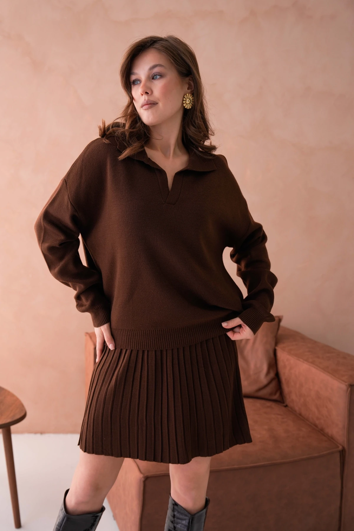 Kadın Polo Yaka Düşük Kol Kazak Kısa Etek İkili Triko Takım