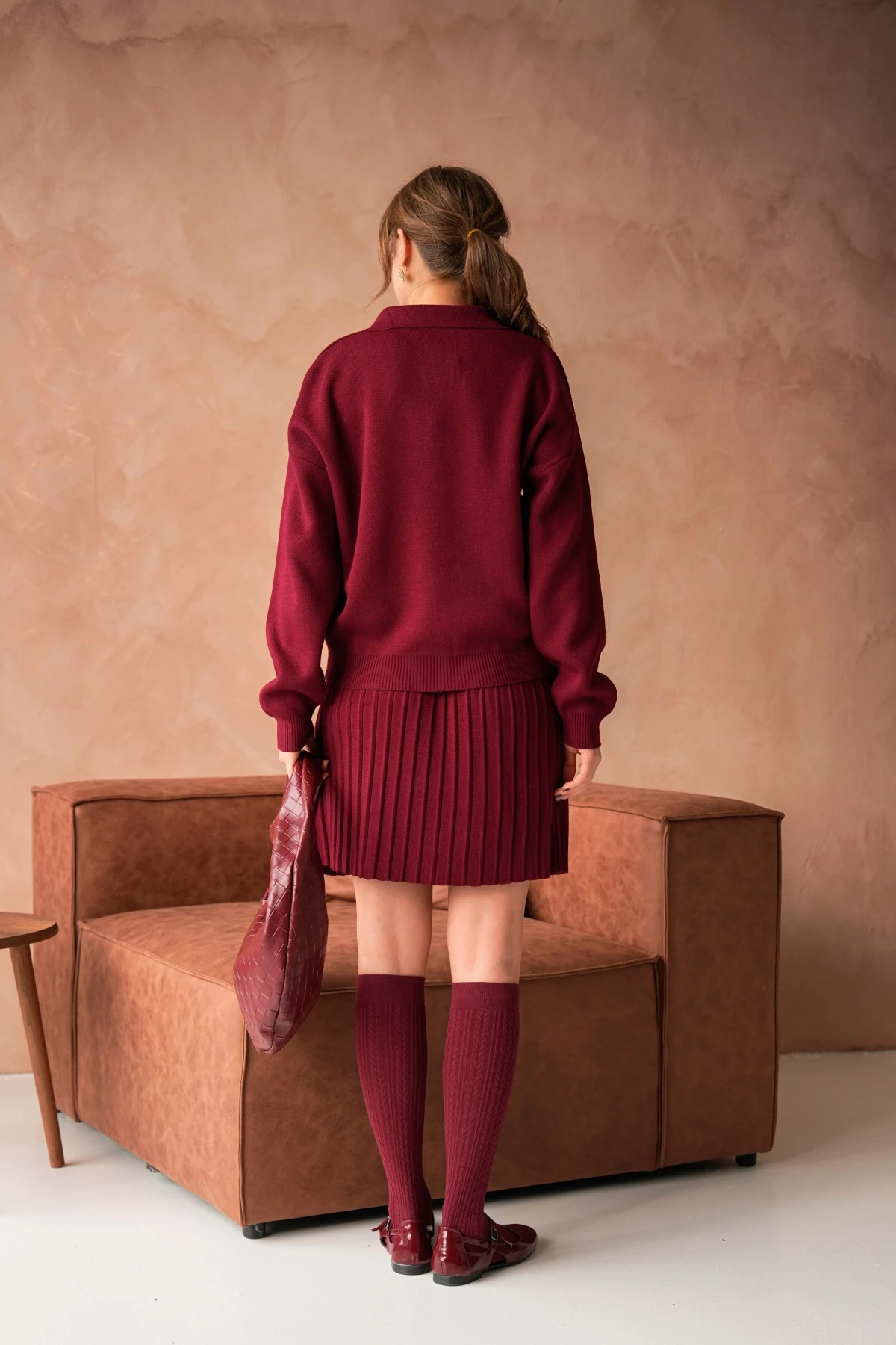 Kadın Polo Yaka Düşük Kol Kazak Kısa Etek İkili Triko Takım