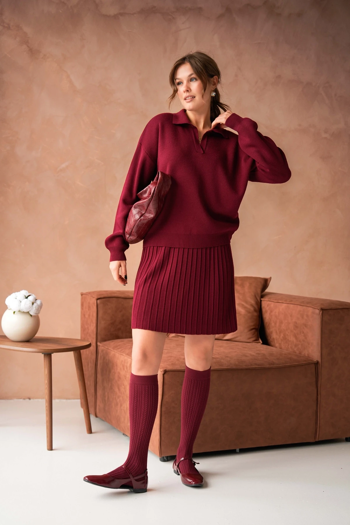 Kadın Polo Yaka Düşük Kol Kazak Kısa Etek İkili Triko Takım