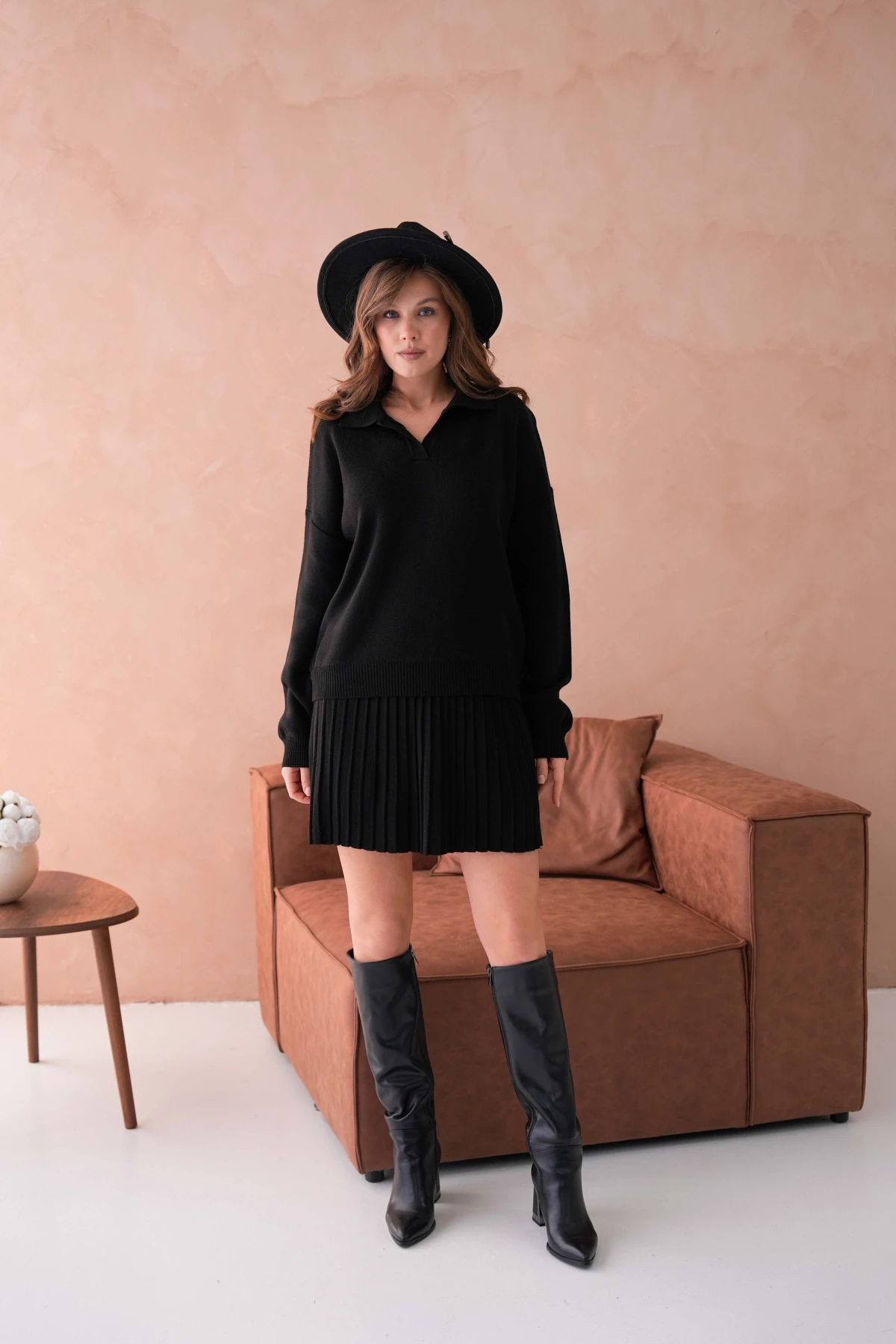 Kadın Polo Yaka Düşük Kol Kazak Kısa Etek İkili Triko Takım