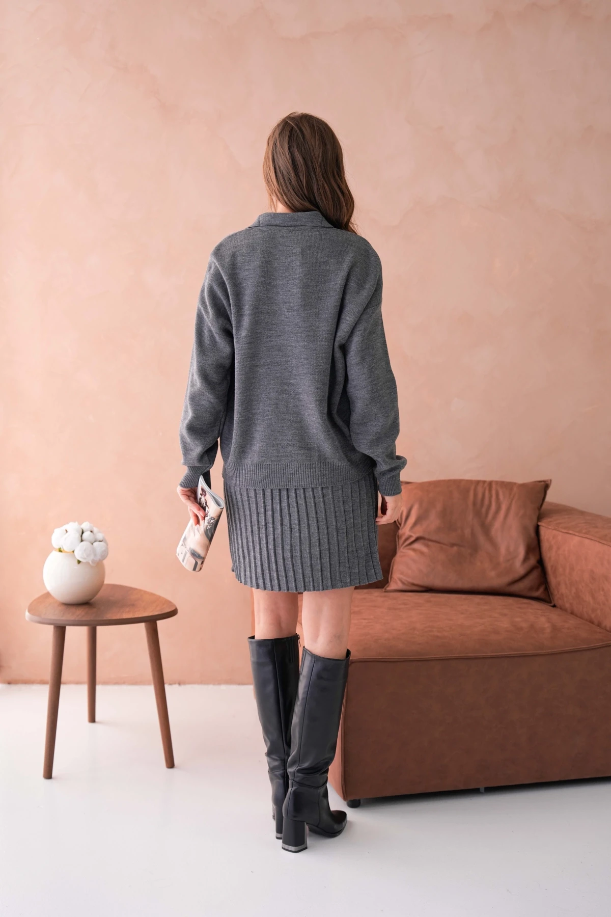 Kadın Polo Yaka Düşük Kol Kazak Kısa Etek İkili Triko Takım